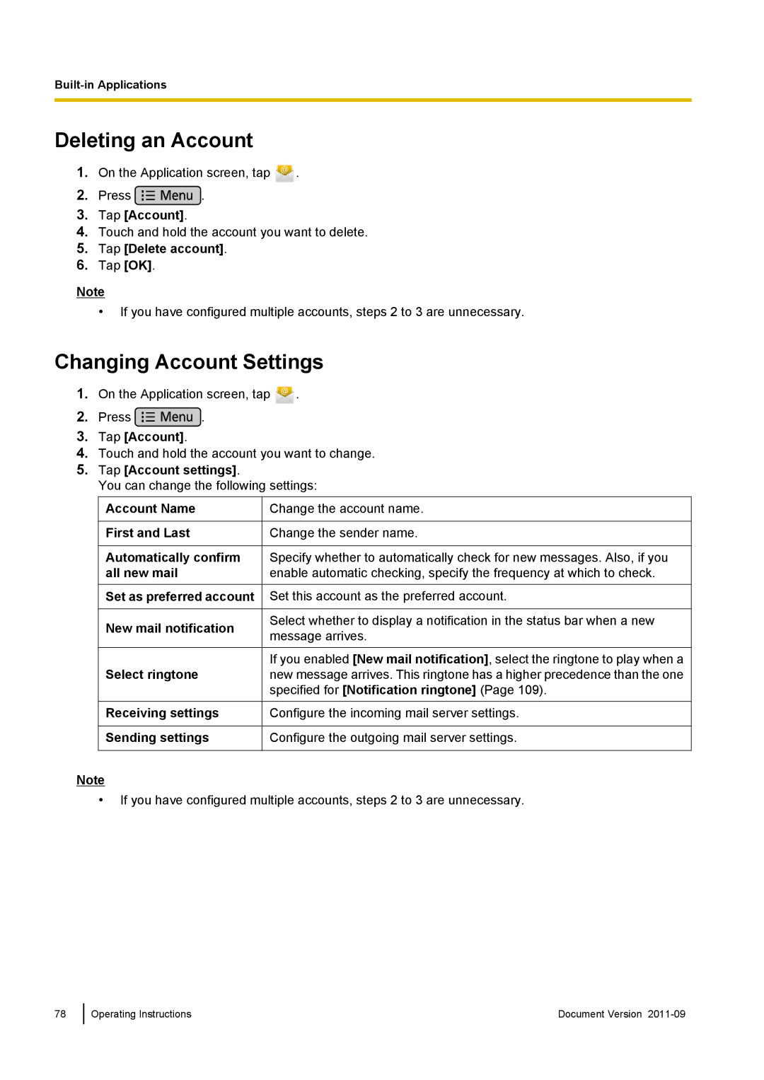 Panasonic KX-UT670 Deleting an Account, Changing Account Settings, Tap Delete account, Tap Account settings 