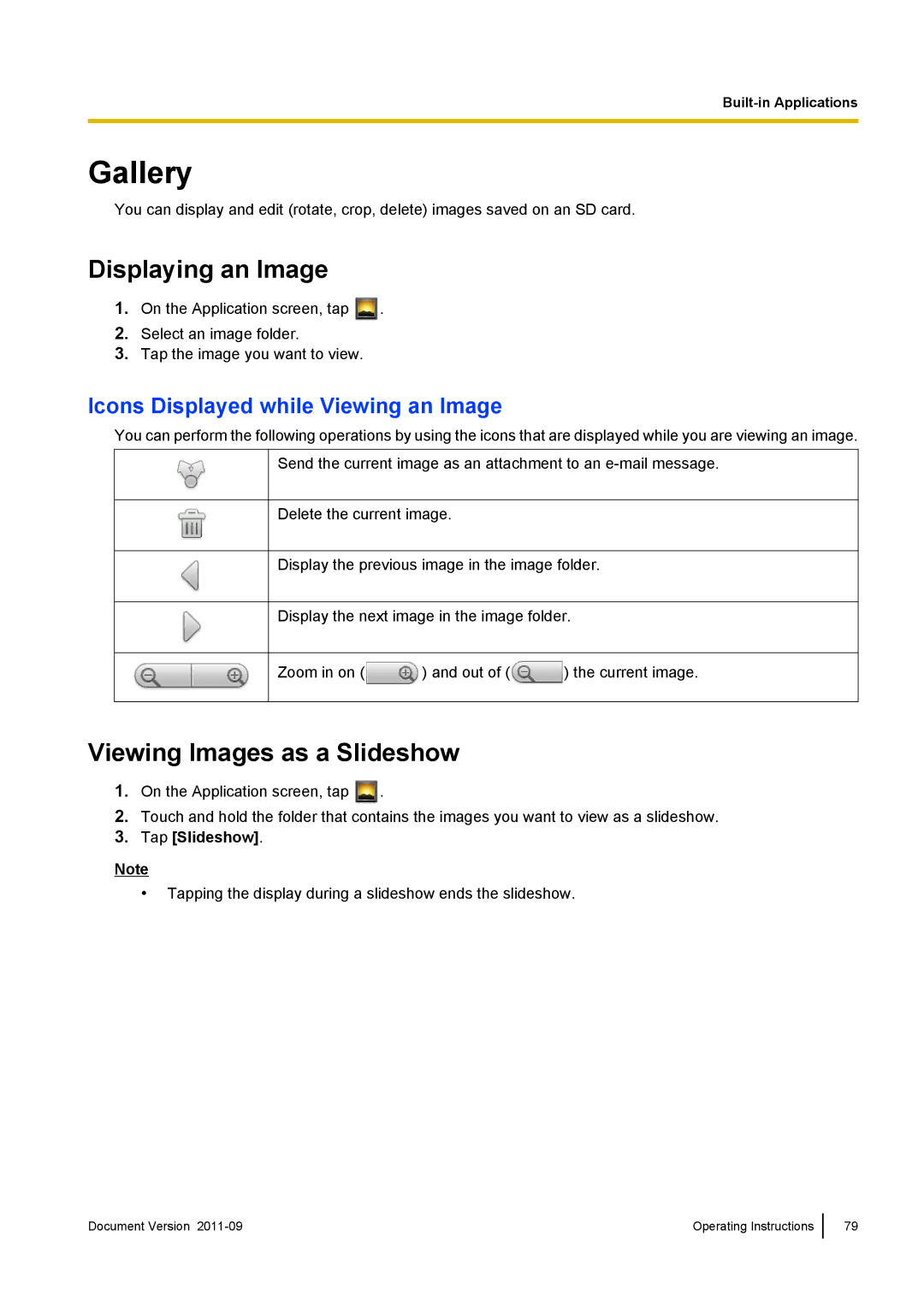 Panasonic KX-UT670 Gallery, Displaying an Image, Viewing Images as a Slideshow, Icons Displayed while Viewing an Image 