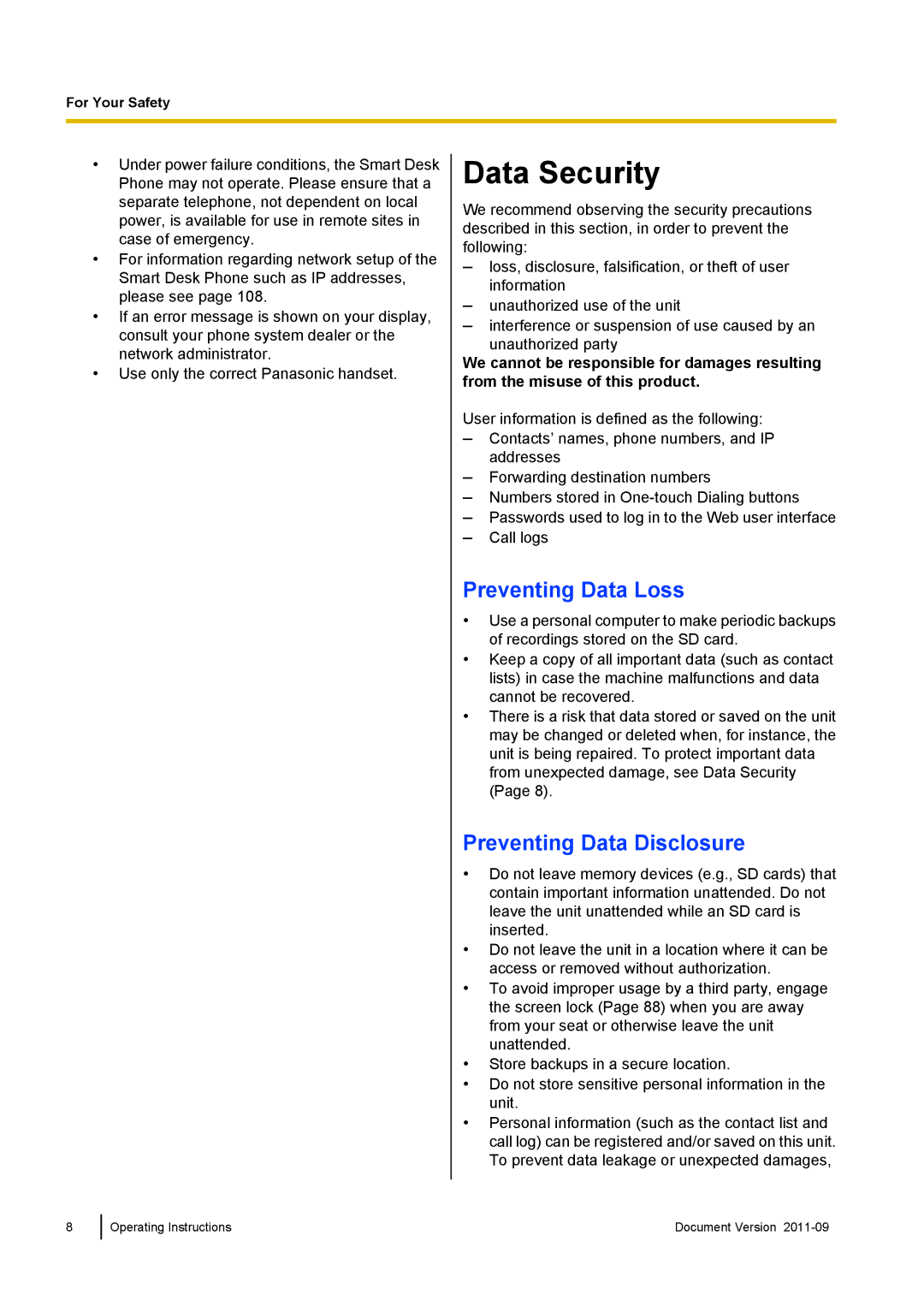 Panasonic KX-UT670 operating instructions Data Security, Preventing Data Loss, Preventing Data Disclosure 