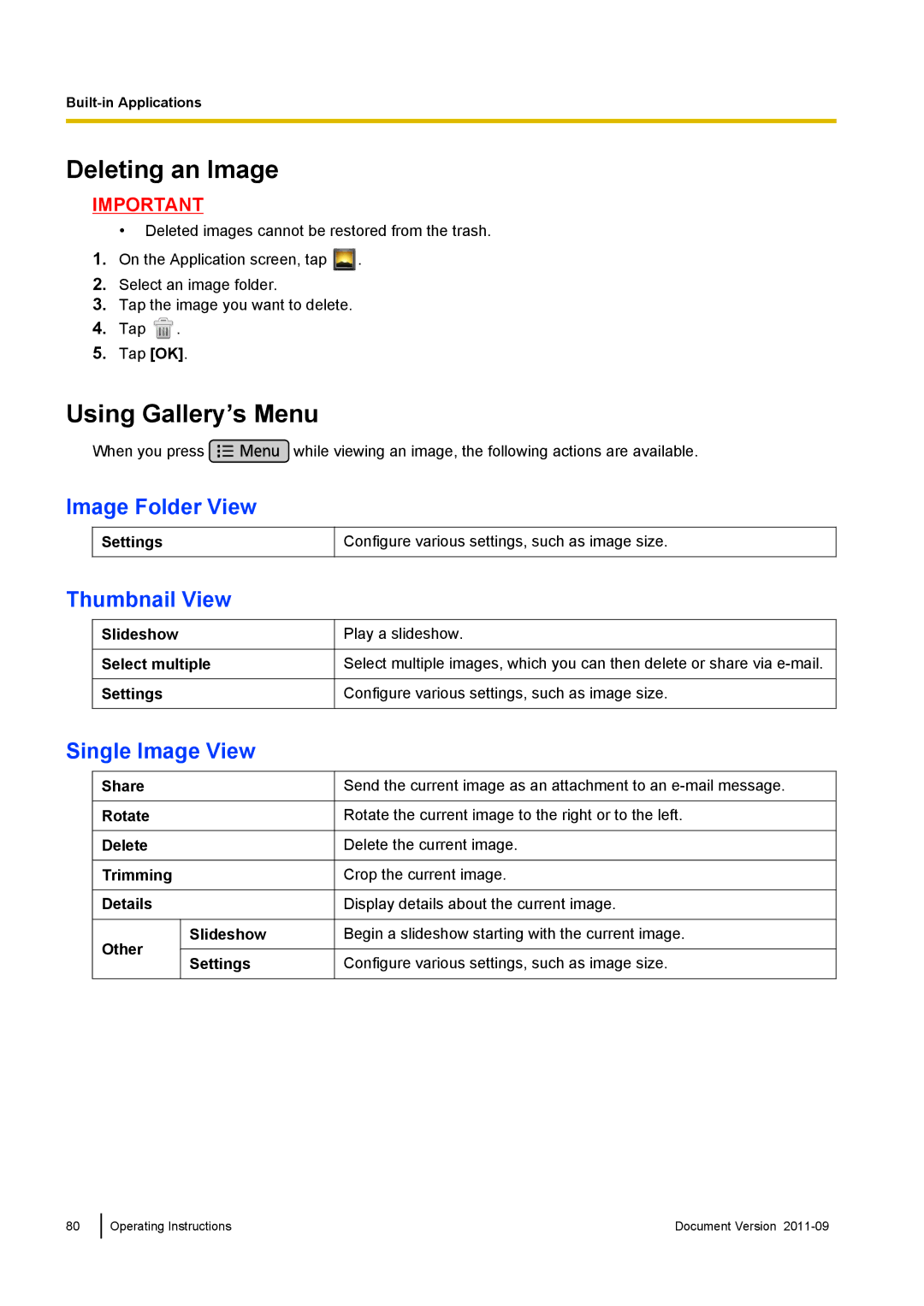 Panasonic KX-UT670 Deleting an Image, Using Gallery’s Menu, Image Folder View, Thumbnail View, Single Image View 