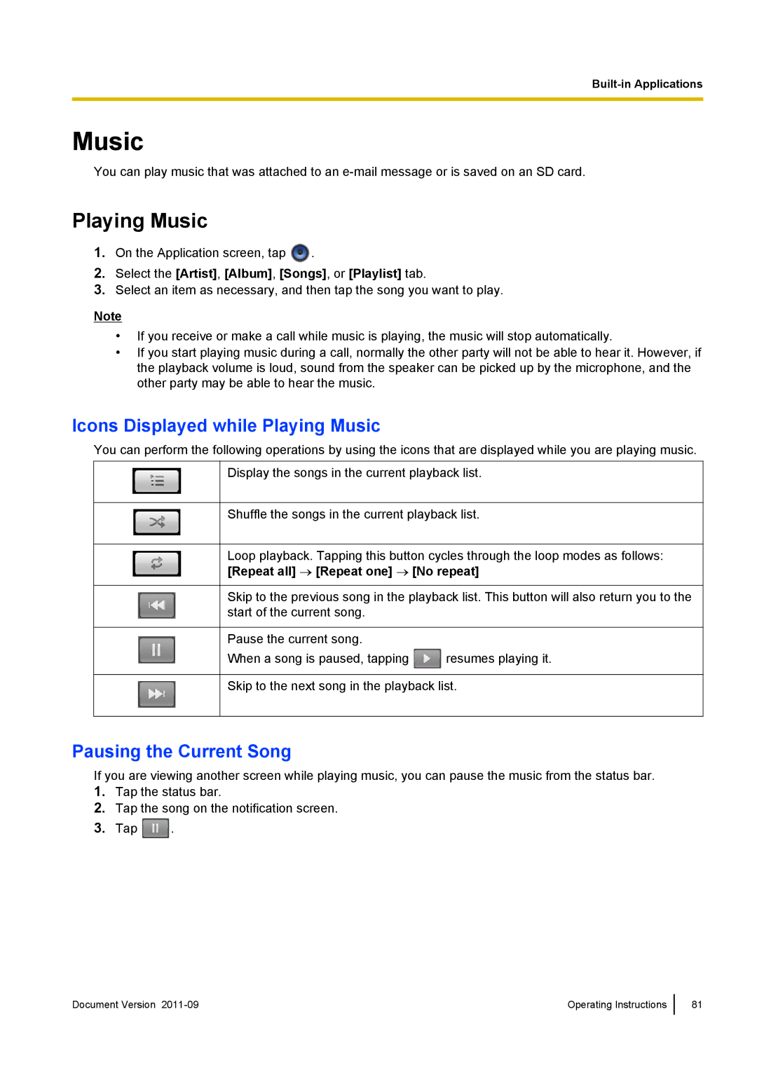 Panasonic KX-UT670 operating instructions Icons Displayed while Playing Music, Pausing the Current Song 