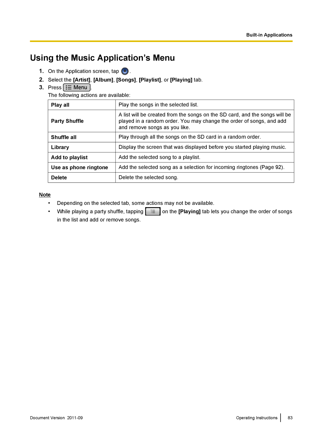 Panasonic KX-UT670 operating instructions Using the Music Application’s Menu 