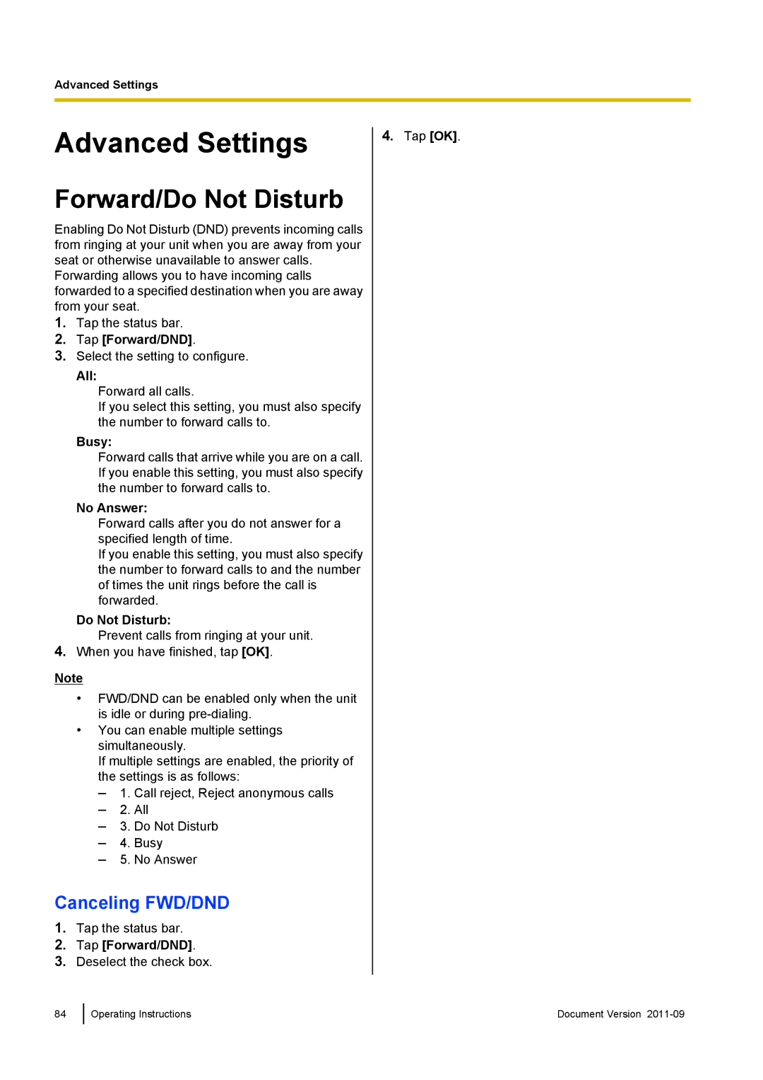 Panasonic KX-UT670 operating instructions Advanced Settings, Forward/Do Not Disturb, Canceling FWD/DND 