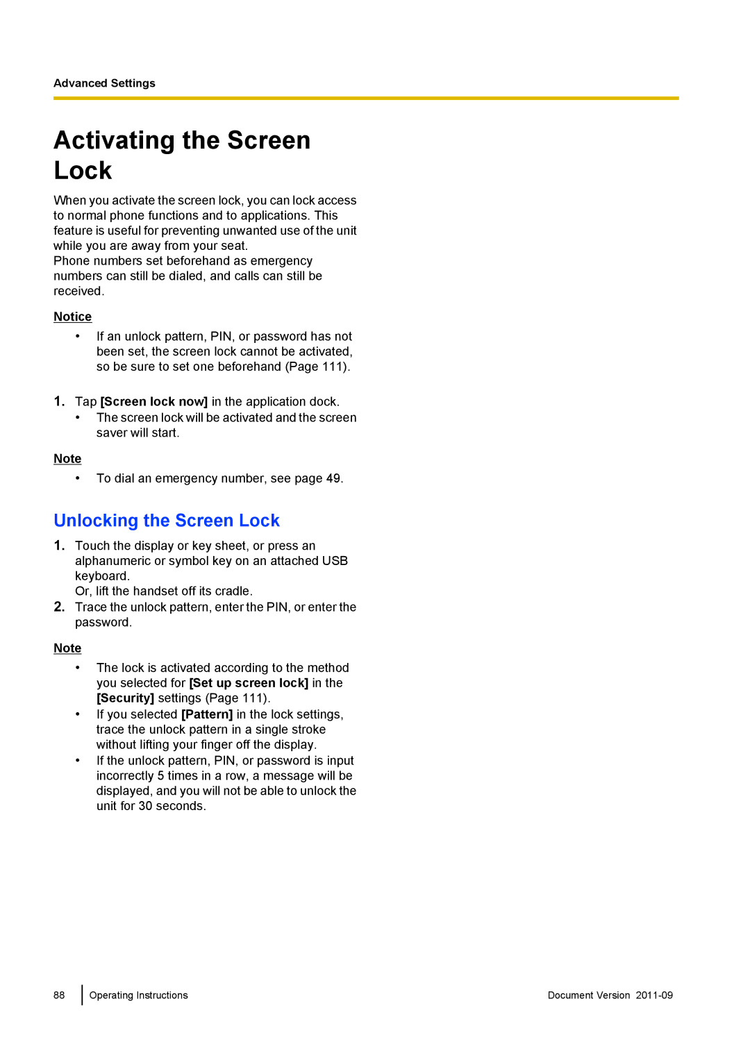 Panasonic KX-UT670 operating instructions Activating the Screen Lock, Unlocking the Screen Lock 