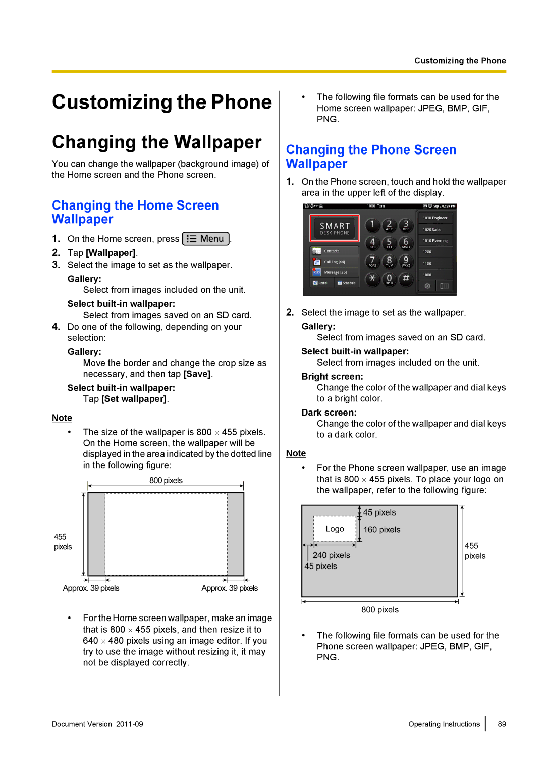 Panasonic KX-UT670 operating instructions Customizing the Phone, Changing the Wallpaper, Changing the Home Screen Wallpaper 