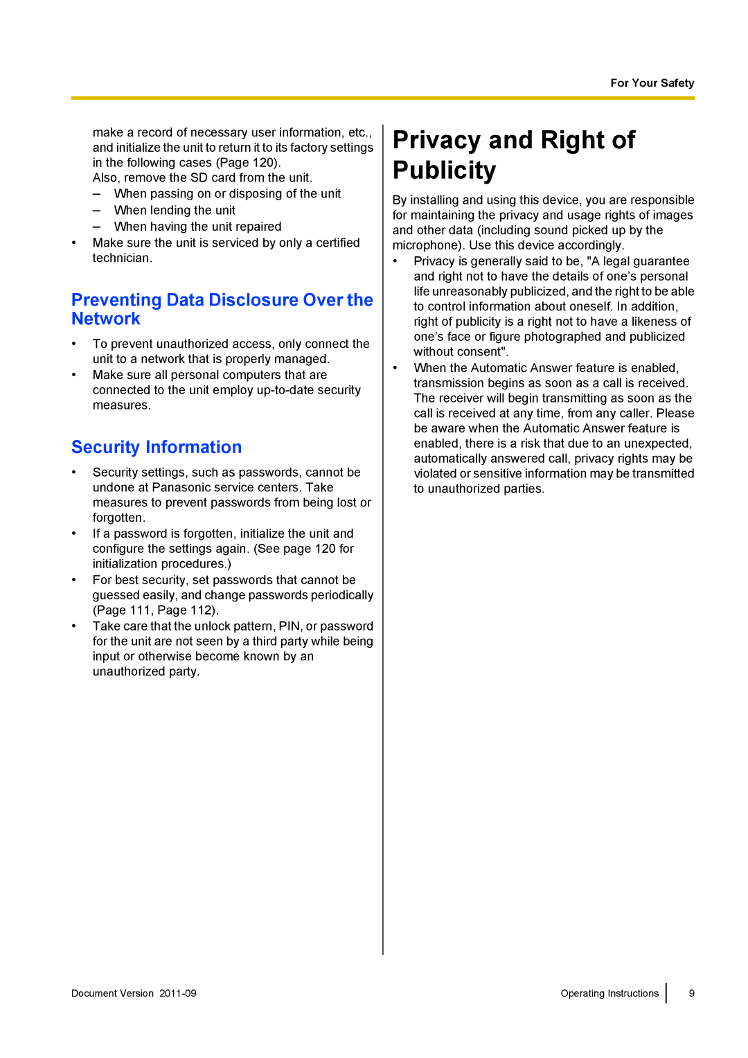 Panasonic KX-UT670 Privacy and Right of Publicity, Preventing Data Disclosure Over the Network, Security Information 