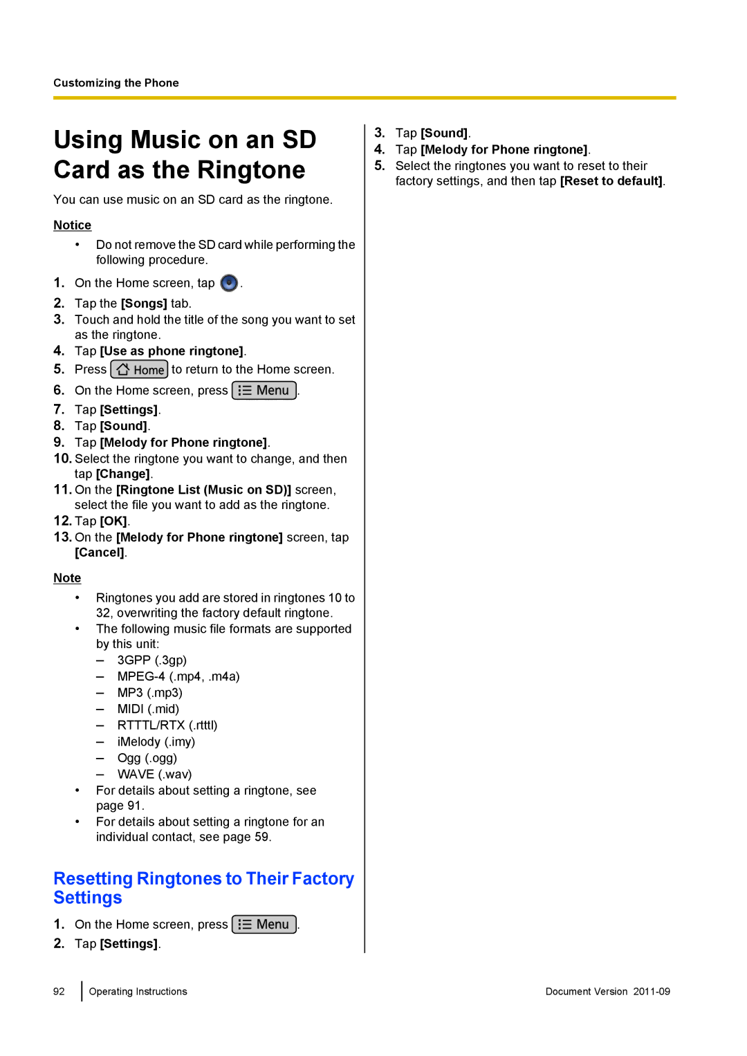 Panasonic KX-UT670 operating instructions Resetting Ringtones to Their Factory Settings, Tap Use as phone ringtone 