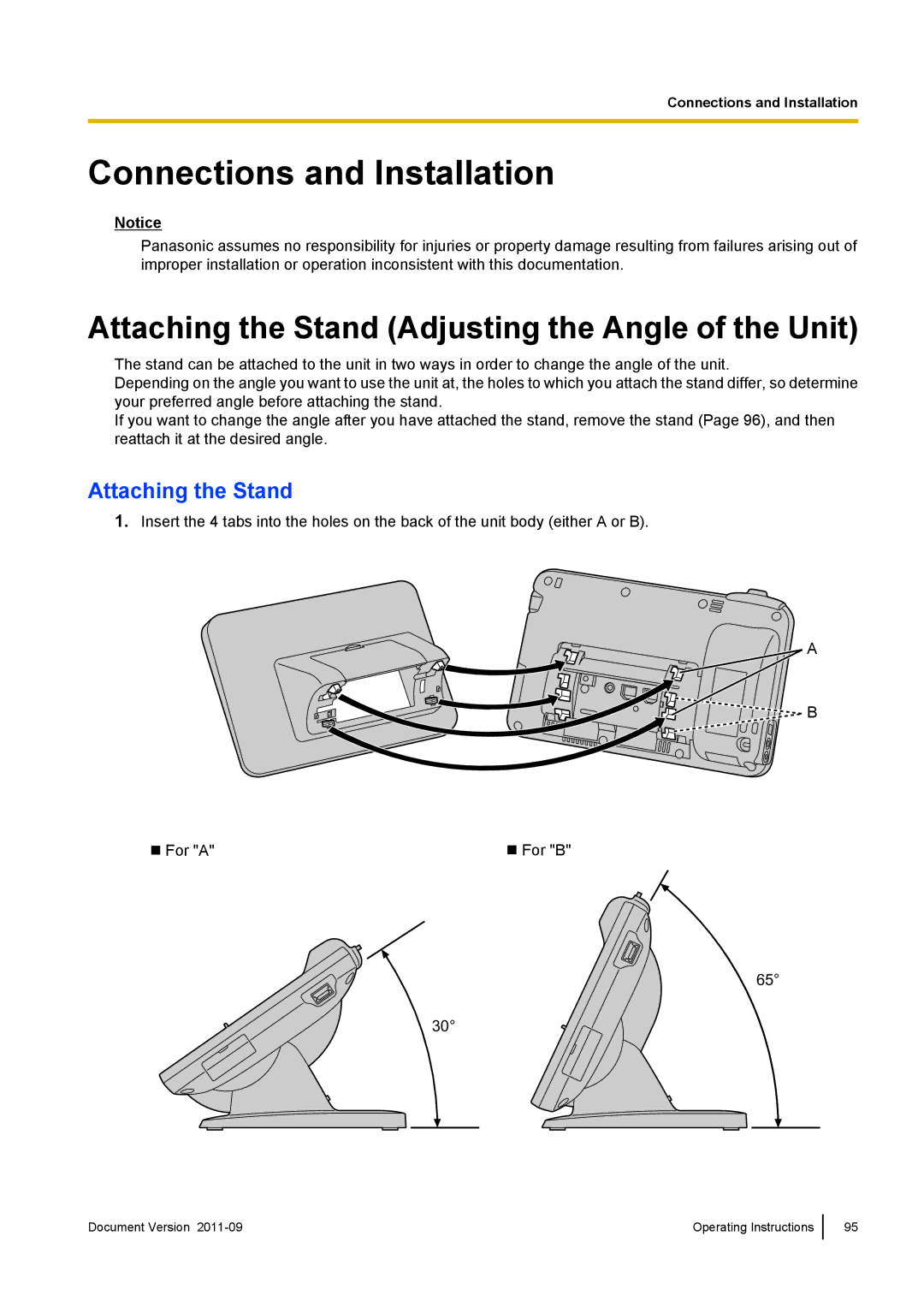 Panasonic KX-UT670 operating instructions Connections and Installation, Attaching the Stand Adjusting the Angle of the Unit 