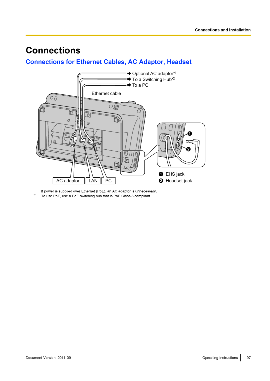 Panasonic KX-UT670 operating instructions Connections for Ethernet Cables, AC Adaptor, Headset 