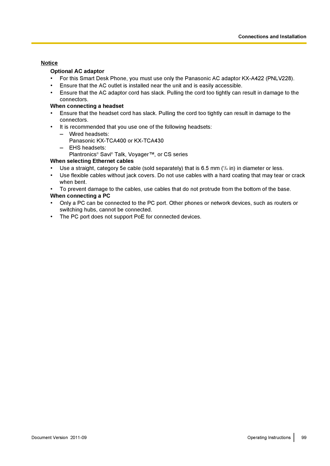 Panasonic KX-UT670 Optional AC adaptor, When connecting a headset, When selecting Ethernet cables, When connecting a PC 