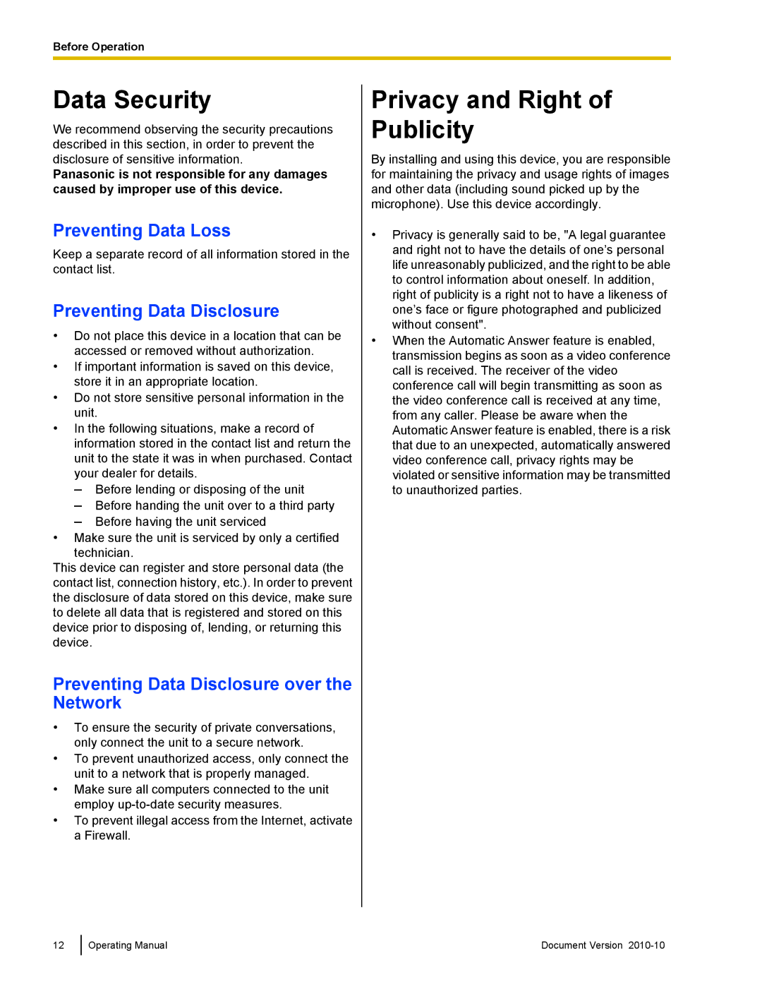 Panasonic KX-VC500 manual Data Security, Privacy and Right of Publicity, Preventing Data Loss, Preventing Data Disclosure 