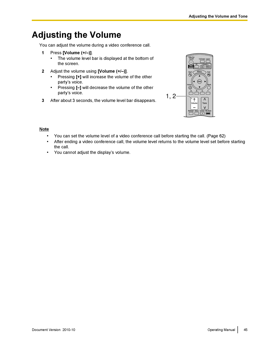 Panasonic KX-VC500 manual Adjusting the Volume, Press Volume + 