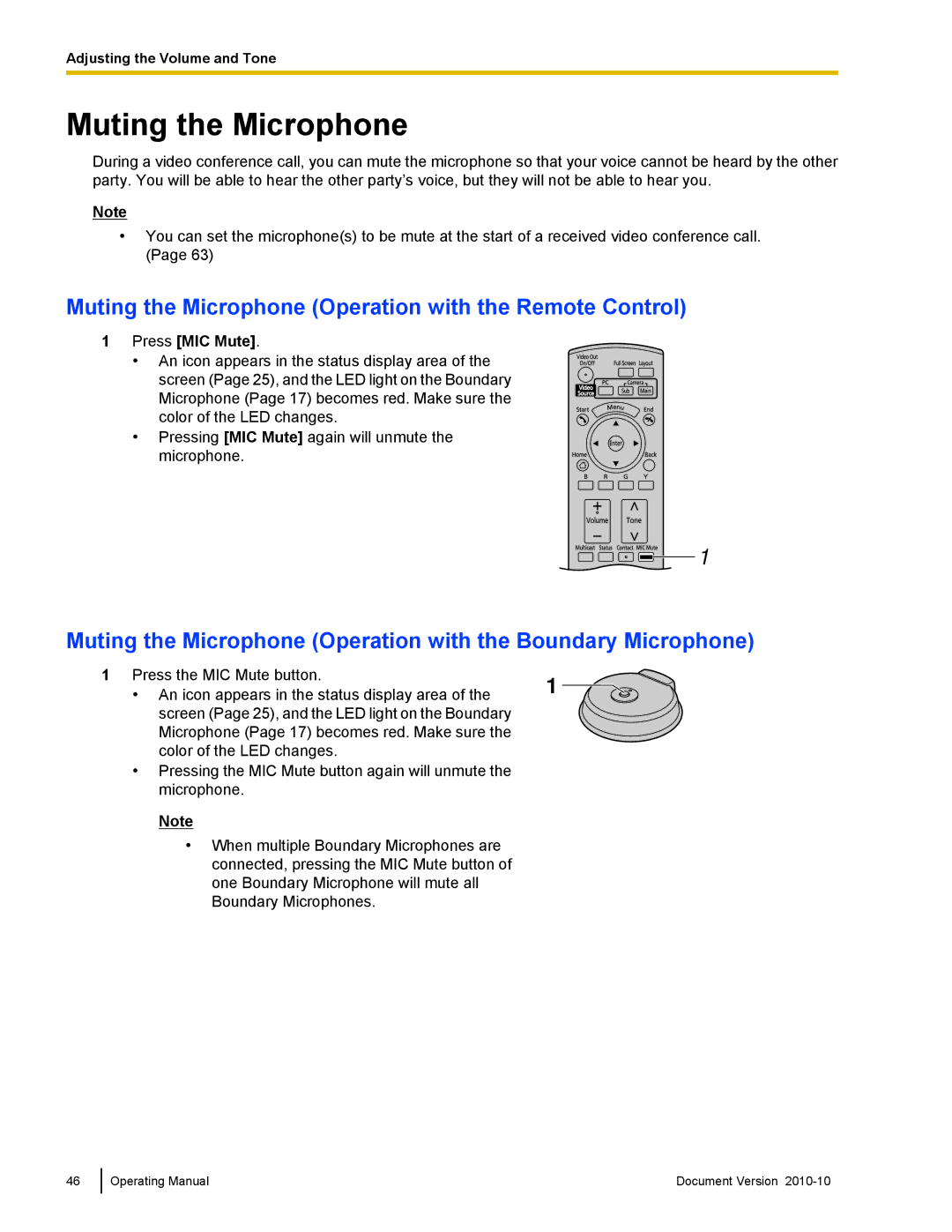 Panasonic KX-VC500 manual Muting the Microphone Operation with the Remote Control, Press MIC Mute 