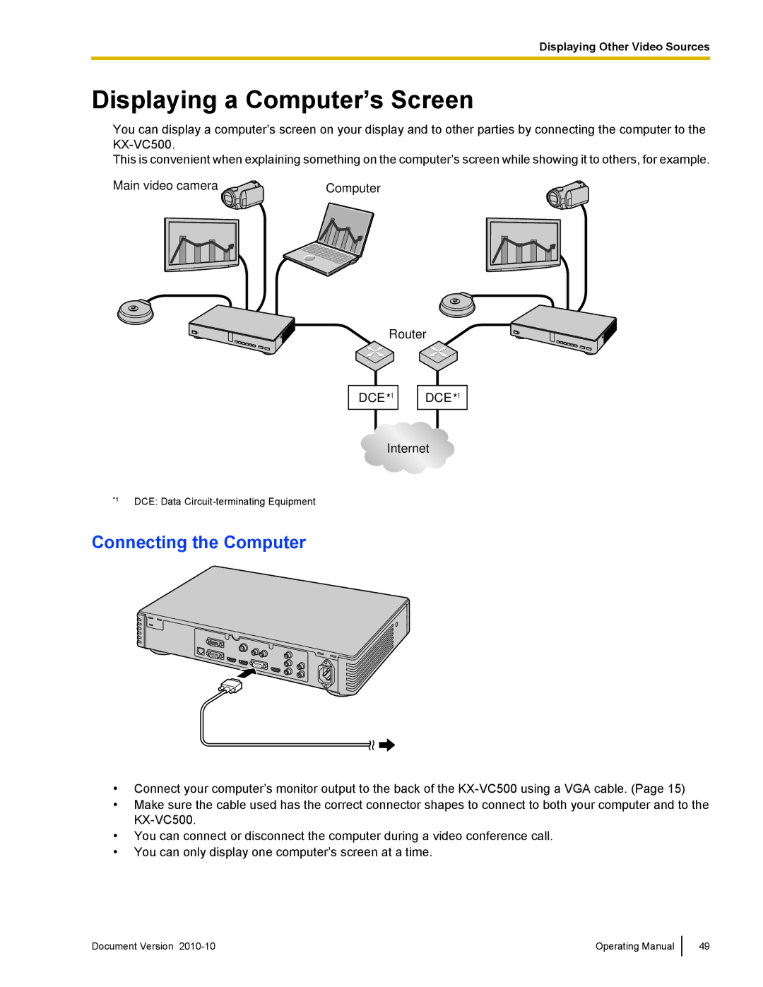 Panasonic KX-VC500 manual Displaying a Computer’s Screen, Connecting the Computer 