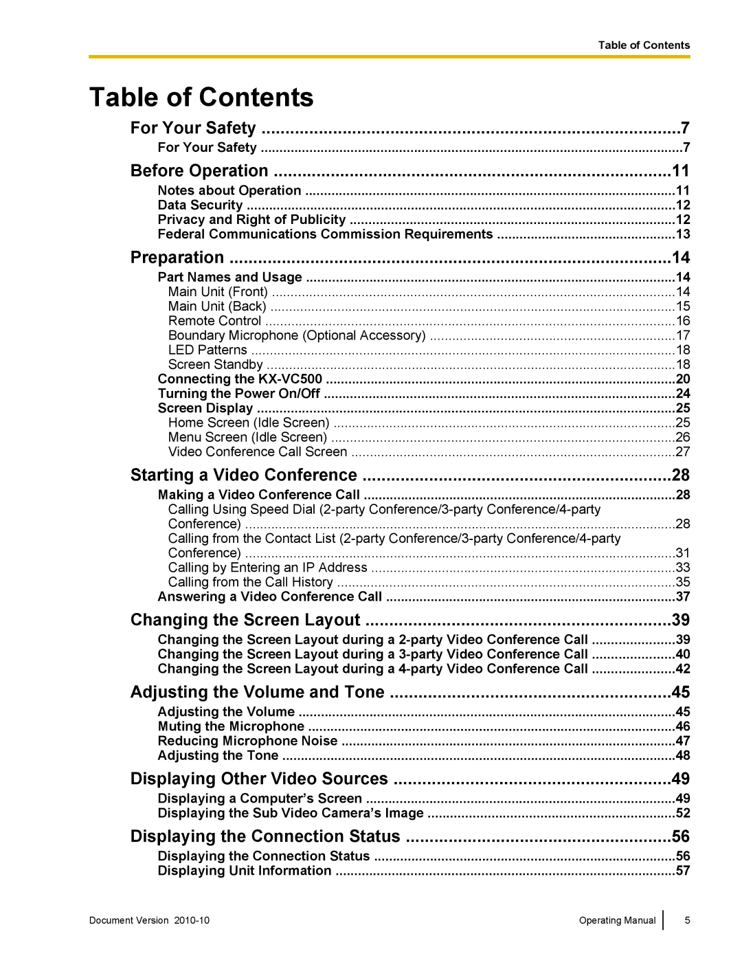 Panasonic KX-VC500 manual Table of Contents 