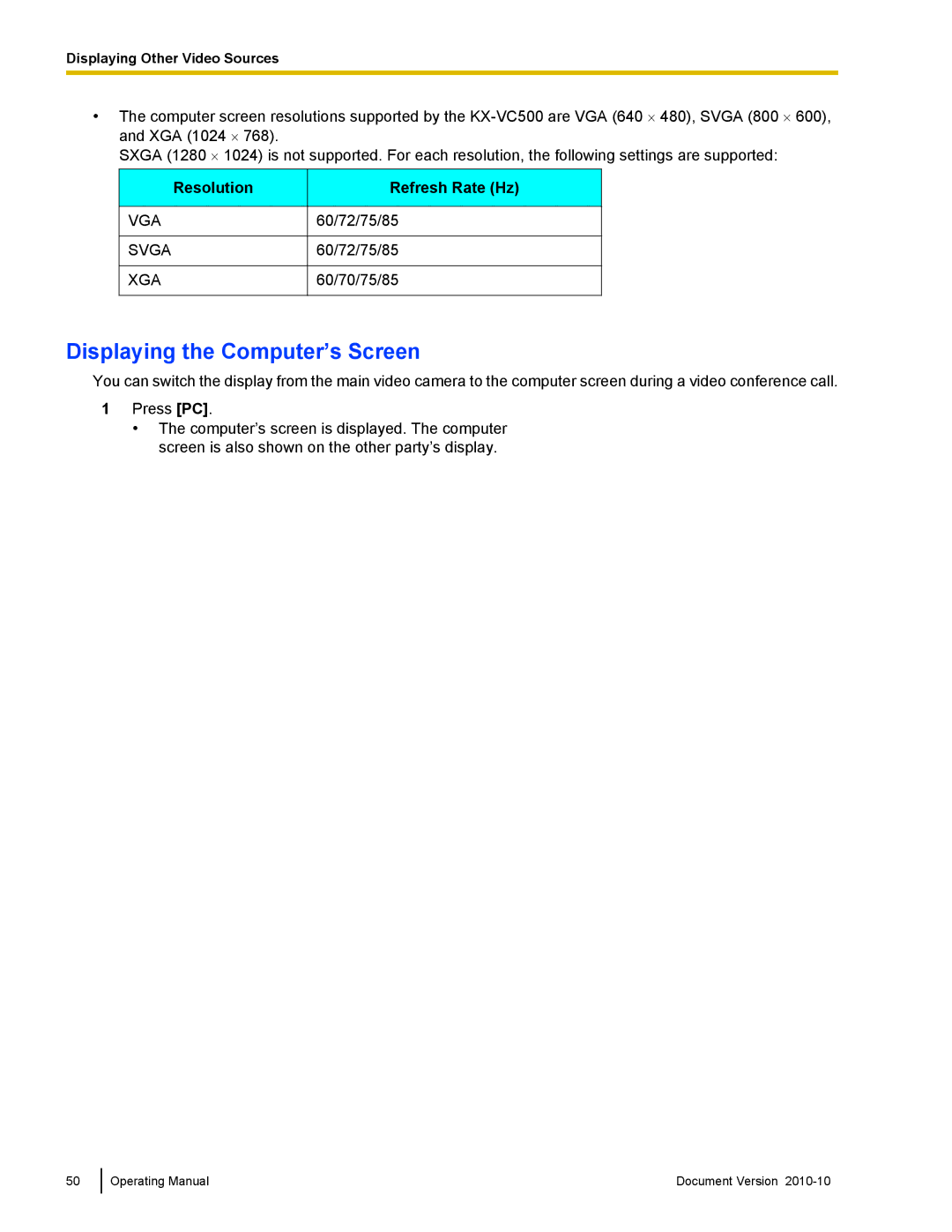 Panasonic KX-VC500 manual Displaying the Computer’s Screen, Resolution, Refresh Rate Hz 