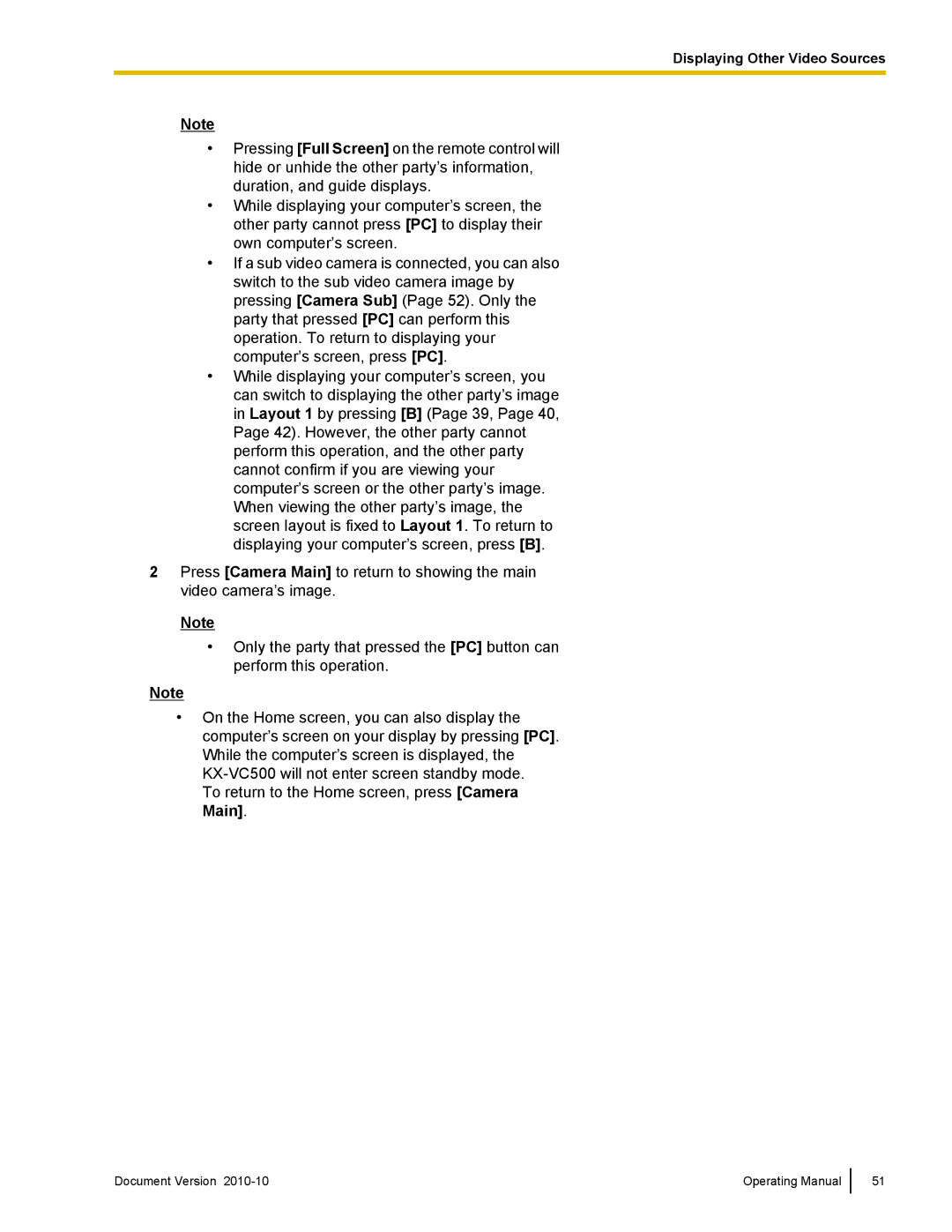 Panasonic KX-VC500 manual Displaying Other Video Sources 