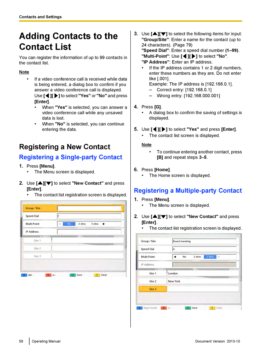 Panasonic KX-VC500 Adding Contacts to the Contact List, Registering a New Contact, Registering a Single-party Contact 