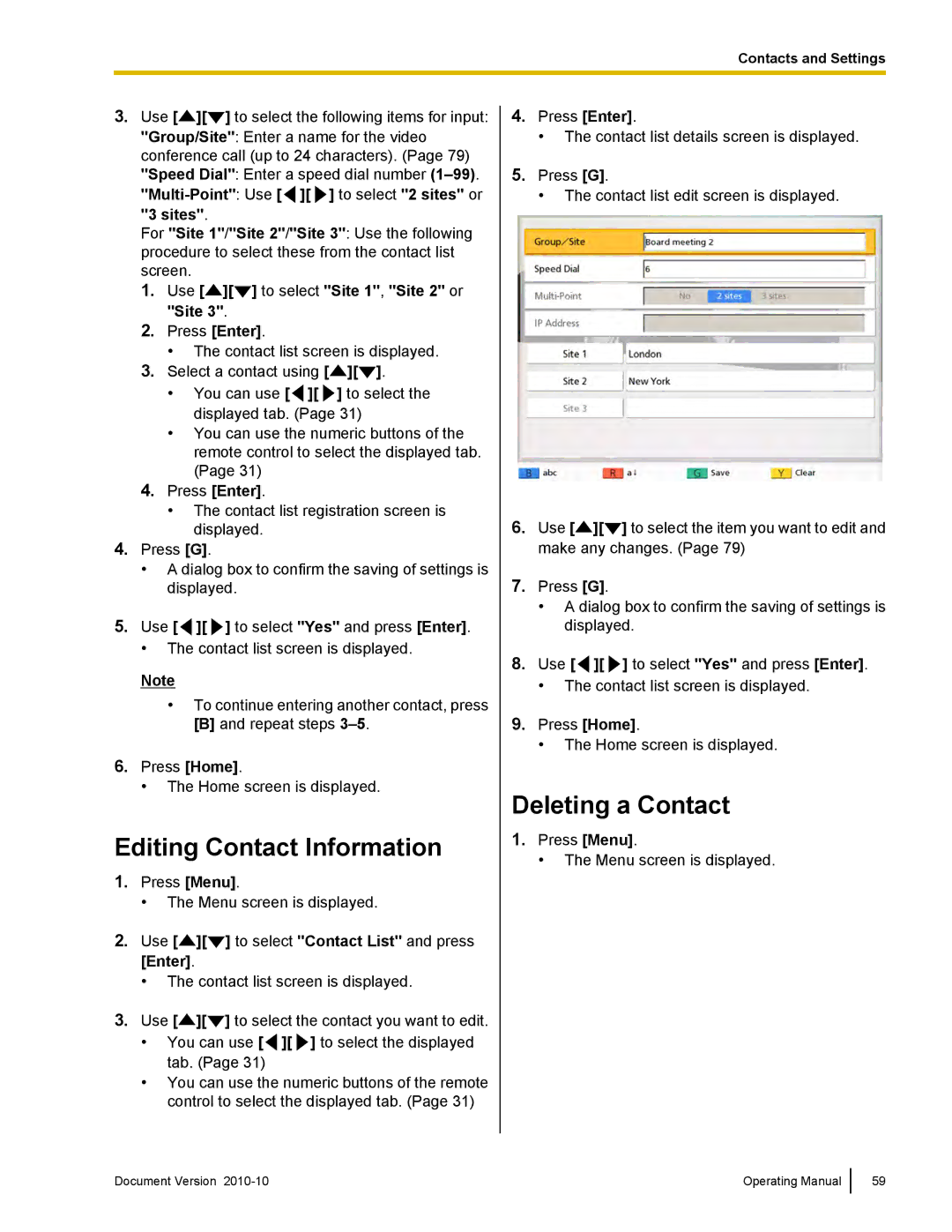 Panasonic KX-VC500 manual Editing Contact Information, Deleting a Contact, Multi-Point Use to select 2 sites or 3 sites 