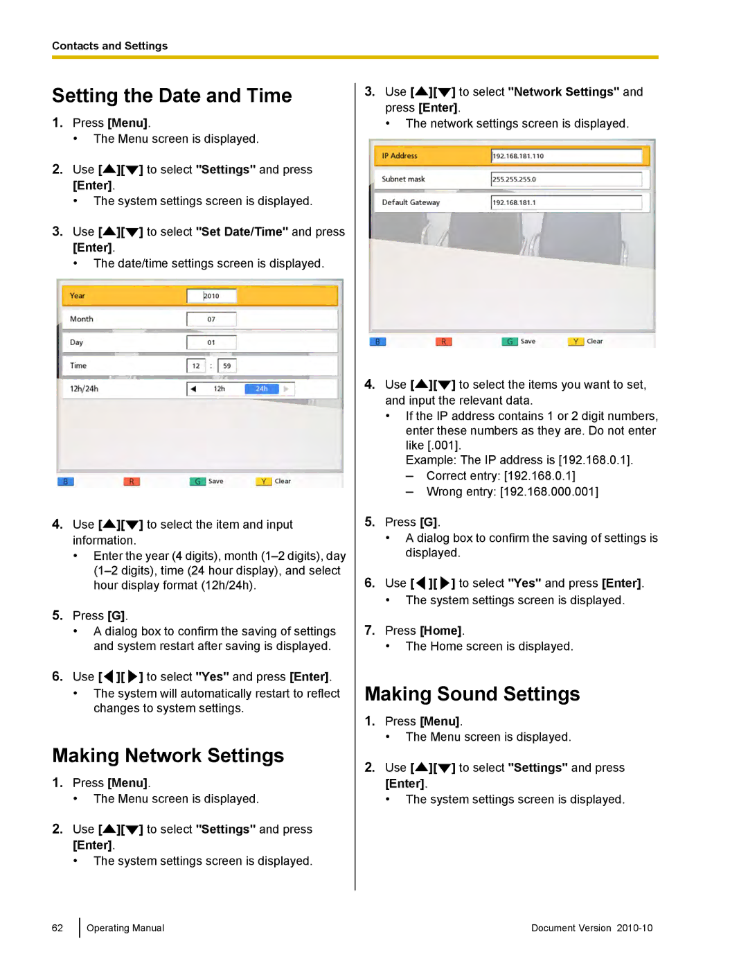 Panasonic KX-VC500 manual Setting the Date and Time, Making Network Settings, Making Sound Settings 