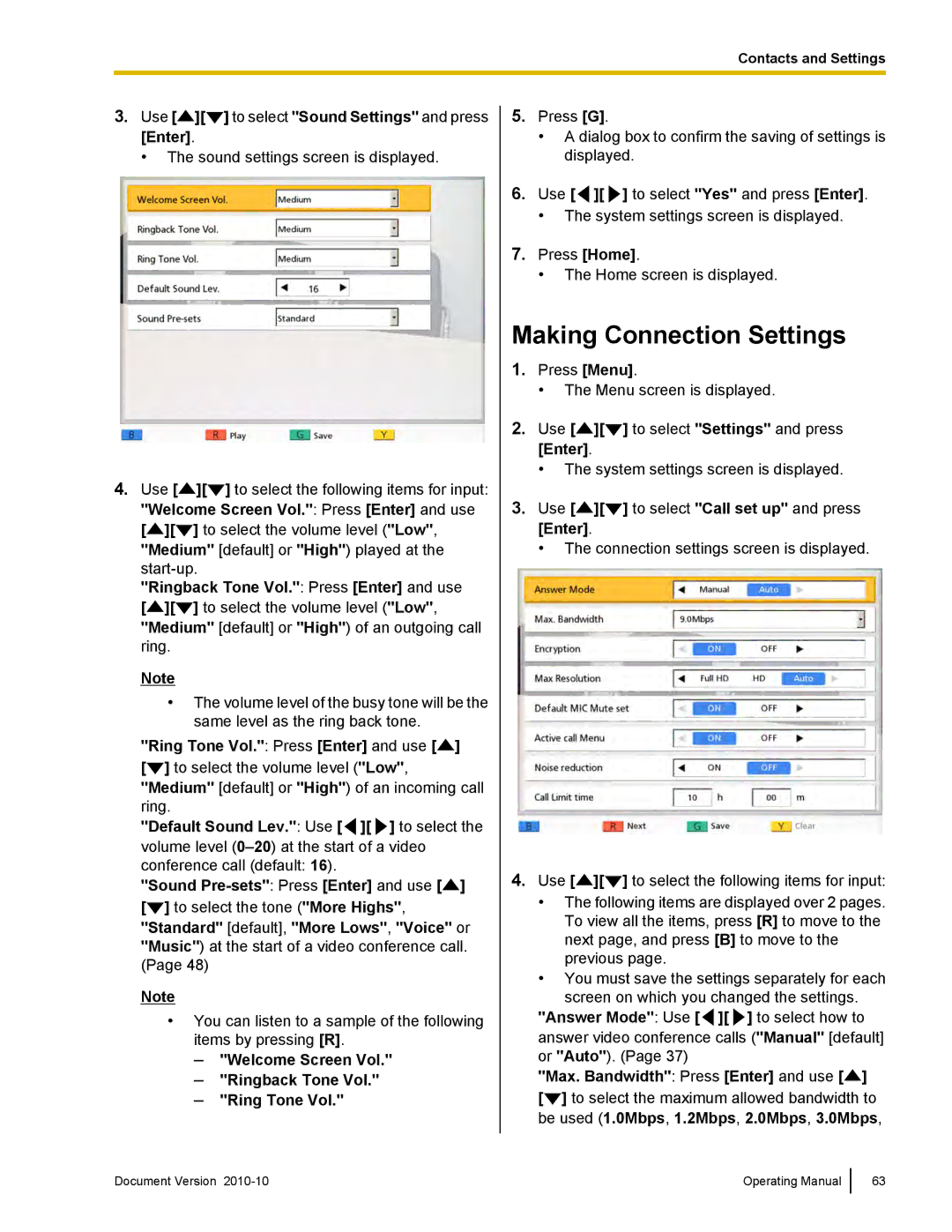 Panasonic KX-VC500 manual Making Connection Settings, Welcome Screen Vol Ringback Tone Vol Ring Tone Vol 