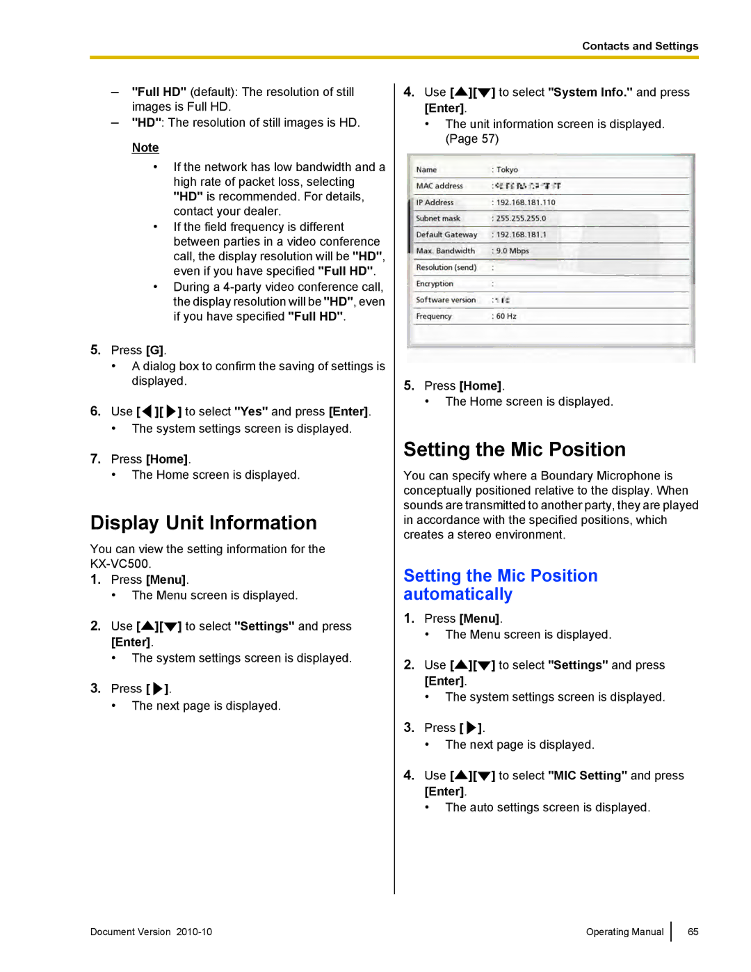 Panasonic KX-VC500 manual Display Unit Information, Setting the Mic Position automatically 