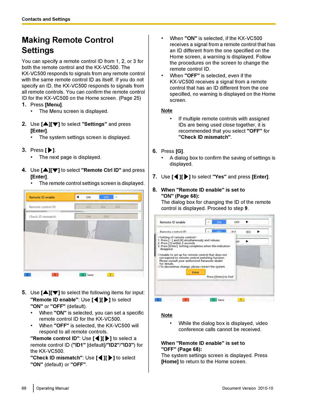 Panasonic KX-VC500 manual Making Remote Control Settings, Remote ID enable Use to select on or OFF default 