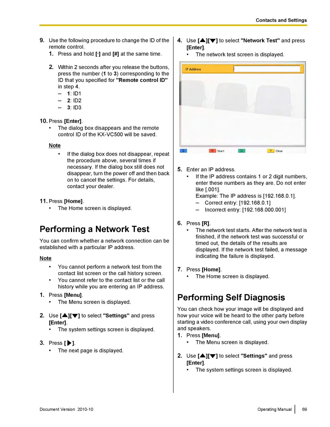 Panasonic KX-VC500 manual Performing a Network Test, Performing Self Diagnosis 