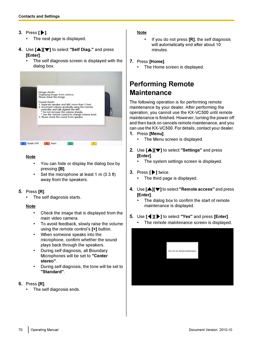 Panasonic KX-VC500 manual Performing Remote Maintenance, Use to select Remote access and press Enter 