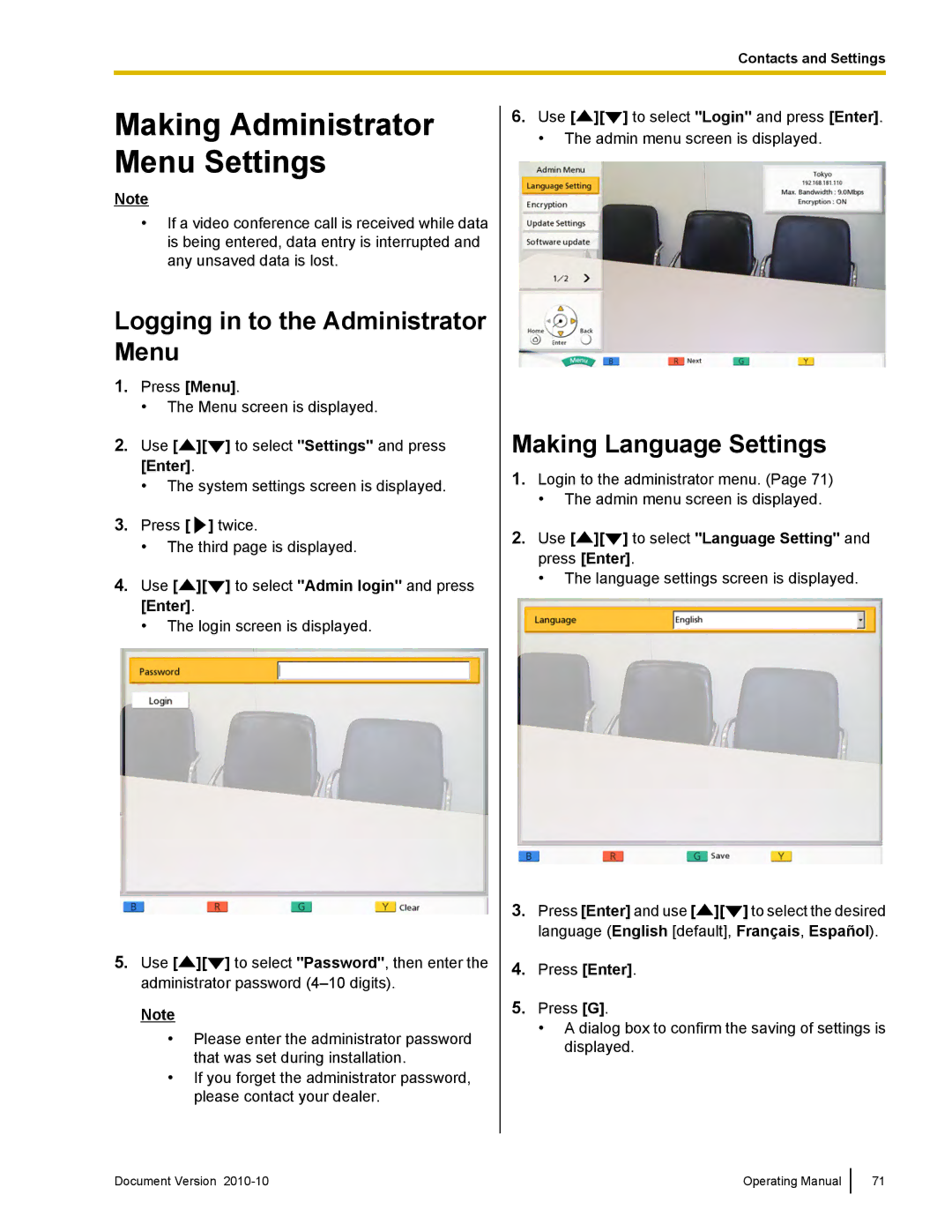 Panasonic KX-VC500 manual Logging in to the Administrator Menu, Making Language Settings 