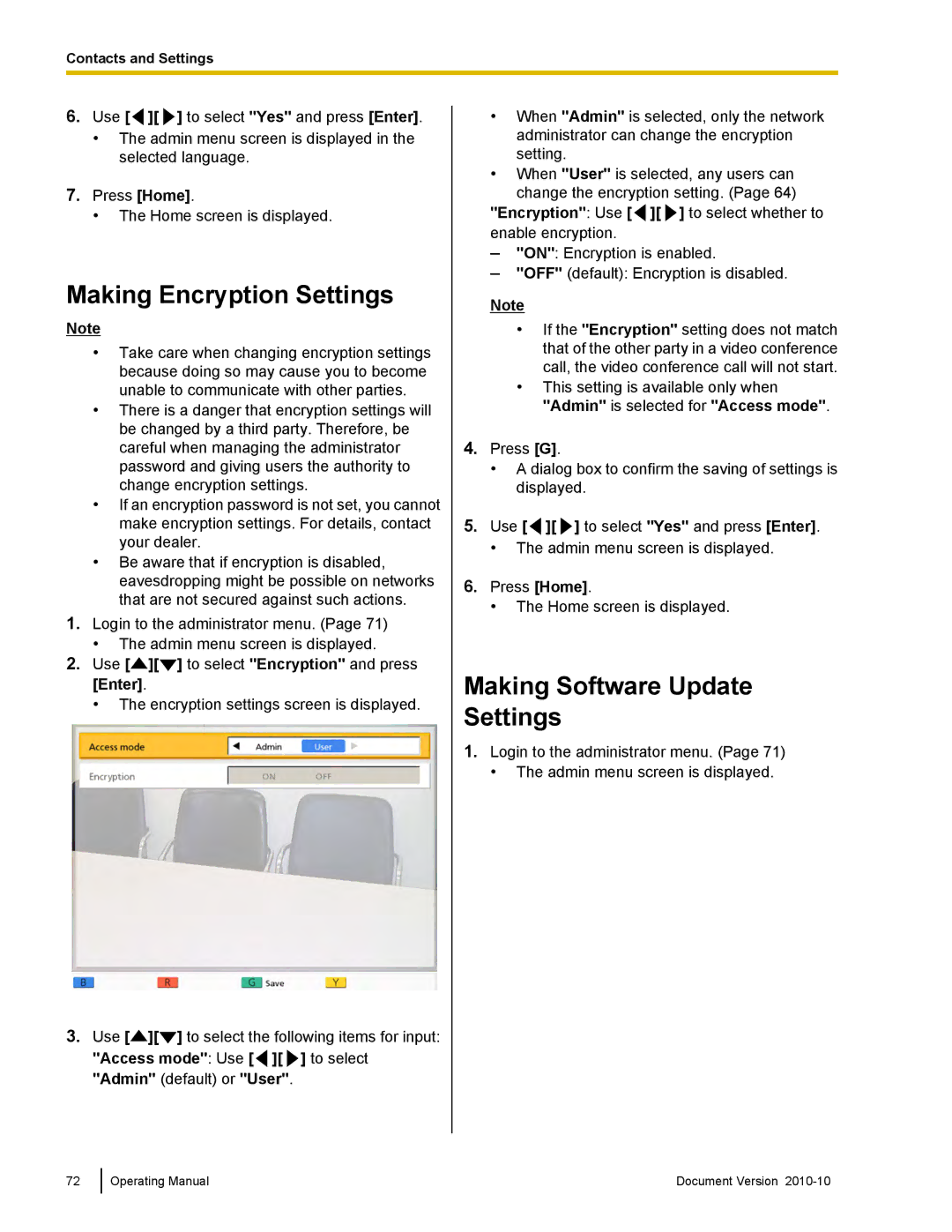 Panasonic KX-VC500 manual Making Encryption Settings, Making Software Update Settings 