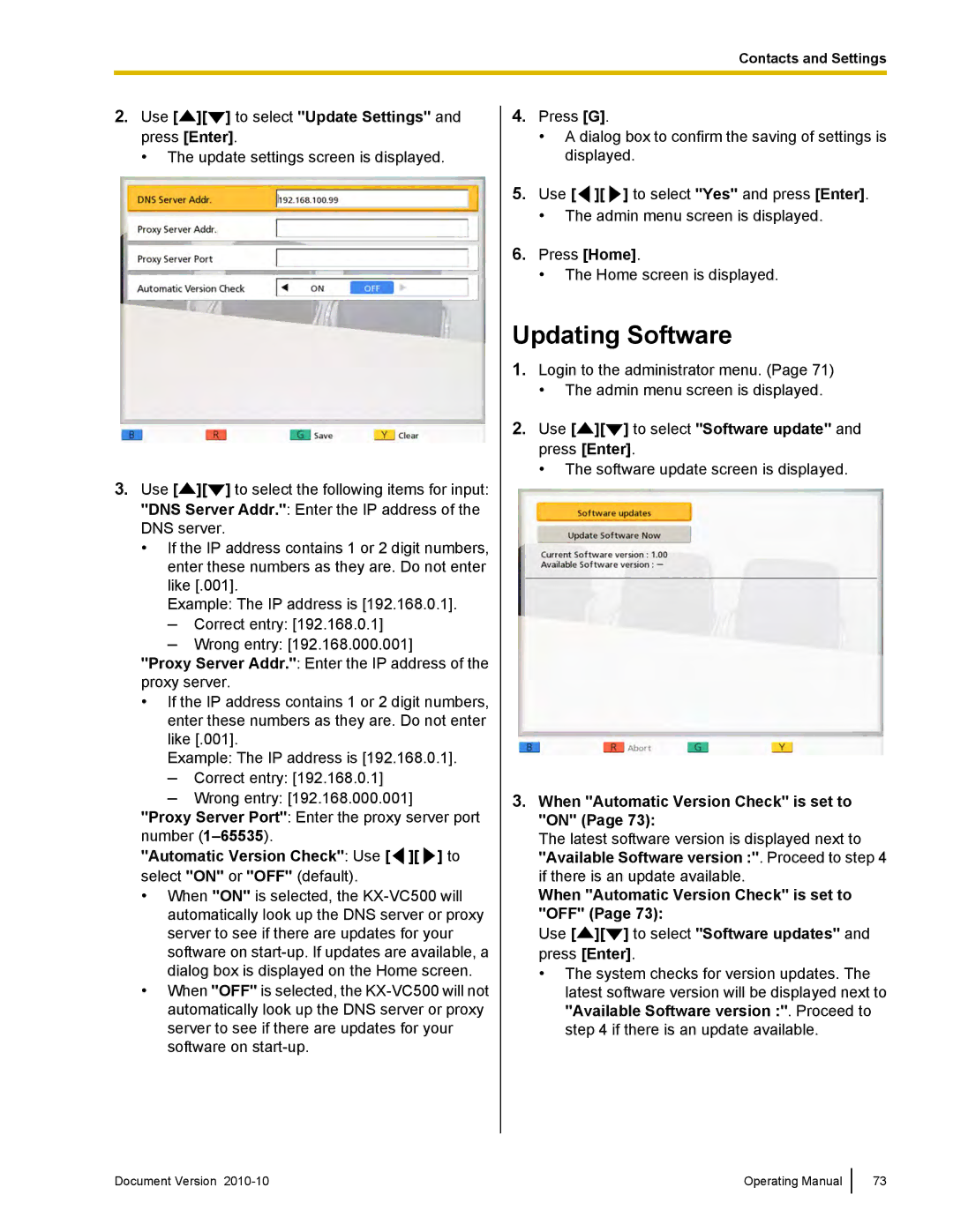 Panasonic KX-VC500 manual Updating Software, Use to select Update Settings and press Enter 