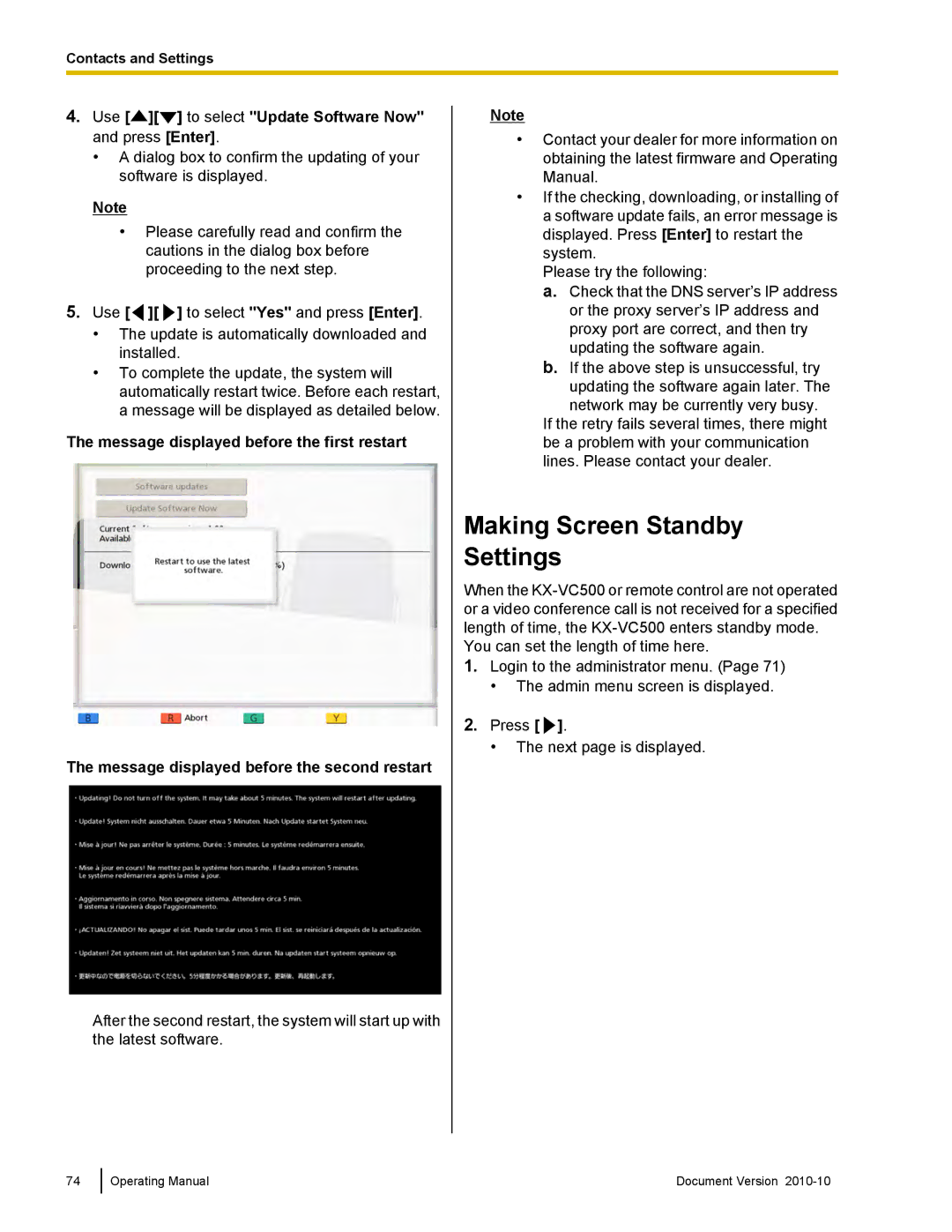 Panasonic KX-VC500 manual Making Screen Standby Settings, Use to select Update Software Now and press Enter 