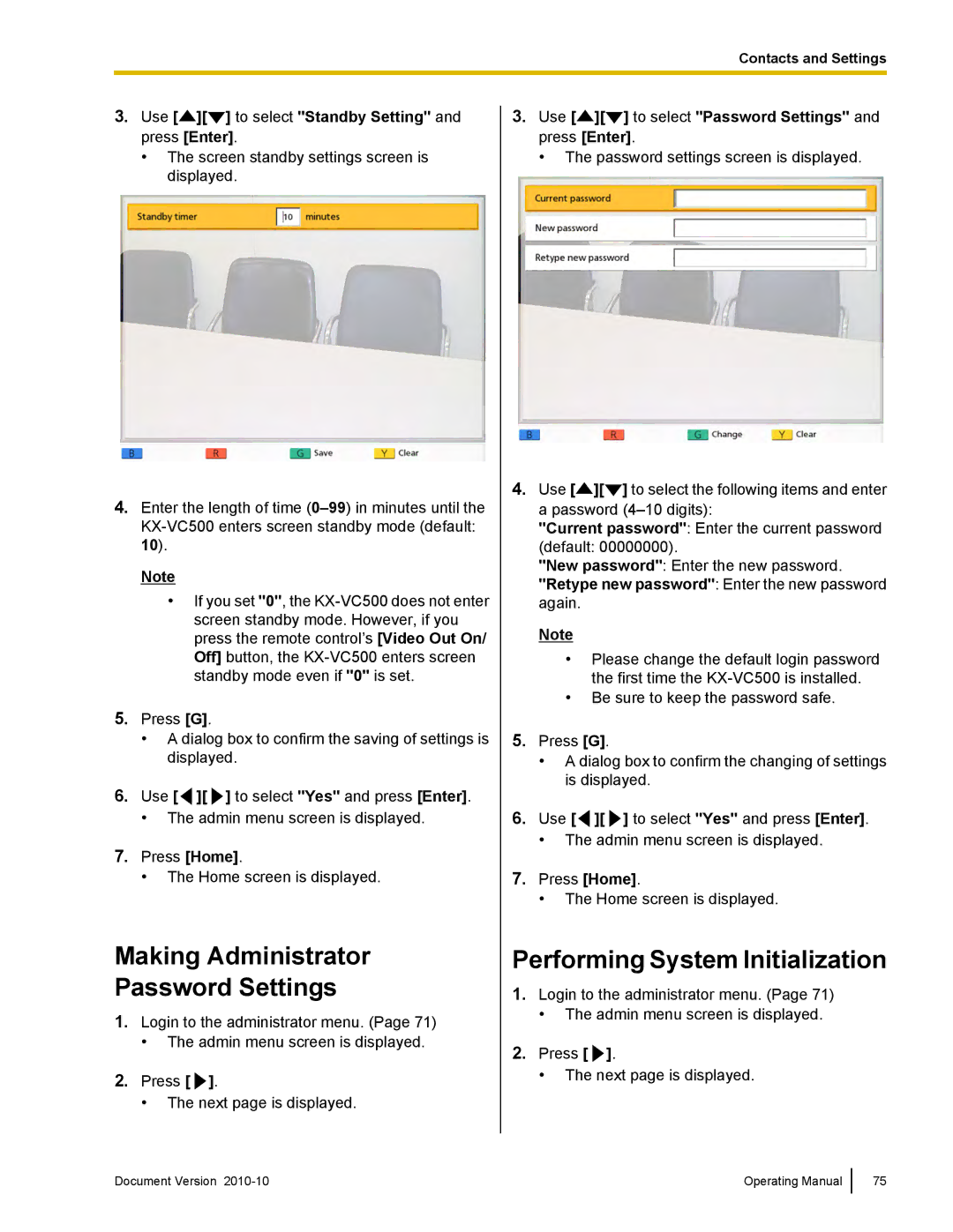 Panasonic KX-VC500 manual Making Administrator Password Settings, Performing System Initialization 