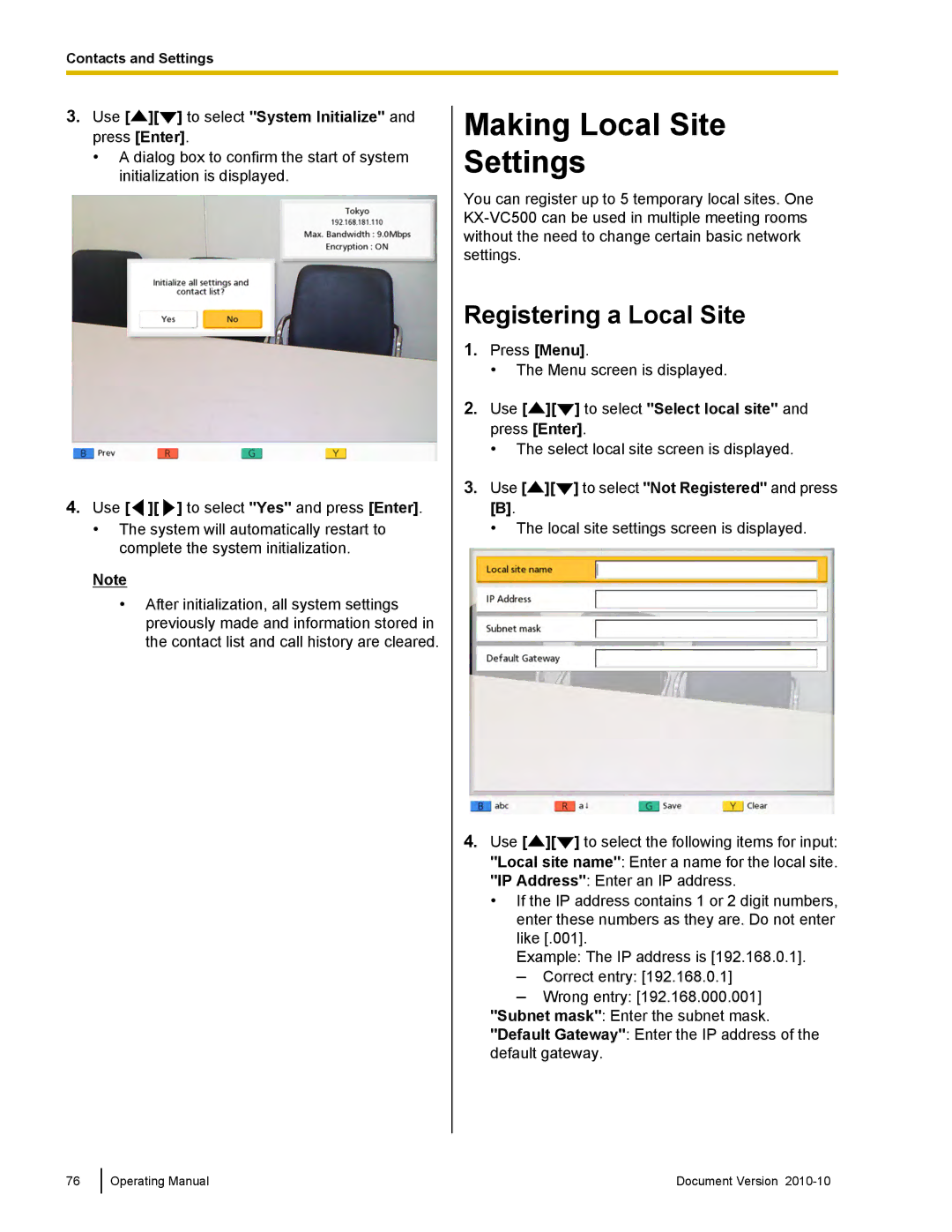 Panasonic KX-VC500 Making Local Site Settings, Registering a Local Site, Use to select System Initialize and press Enter 