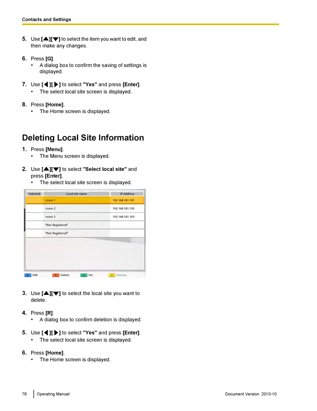 Panasonic KX-VC500 manual Deleting Local Site Information 