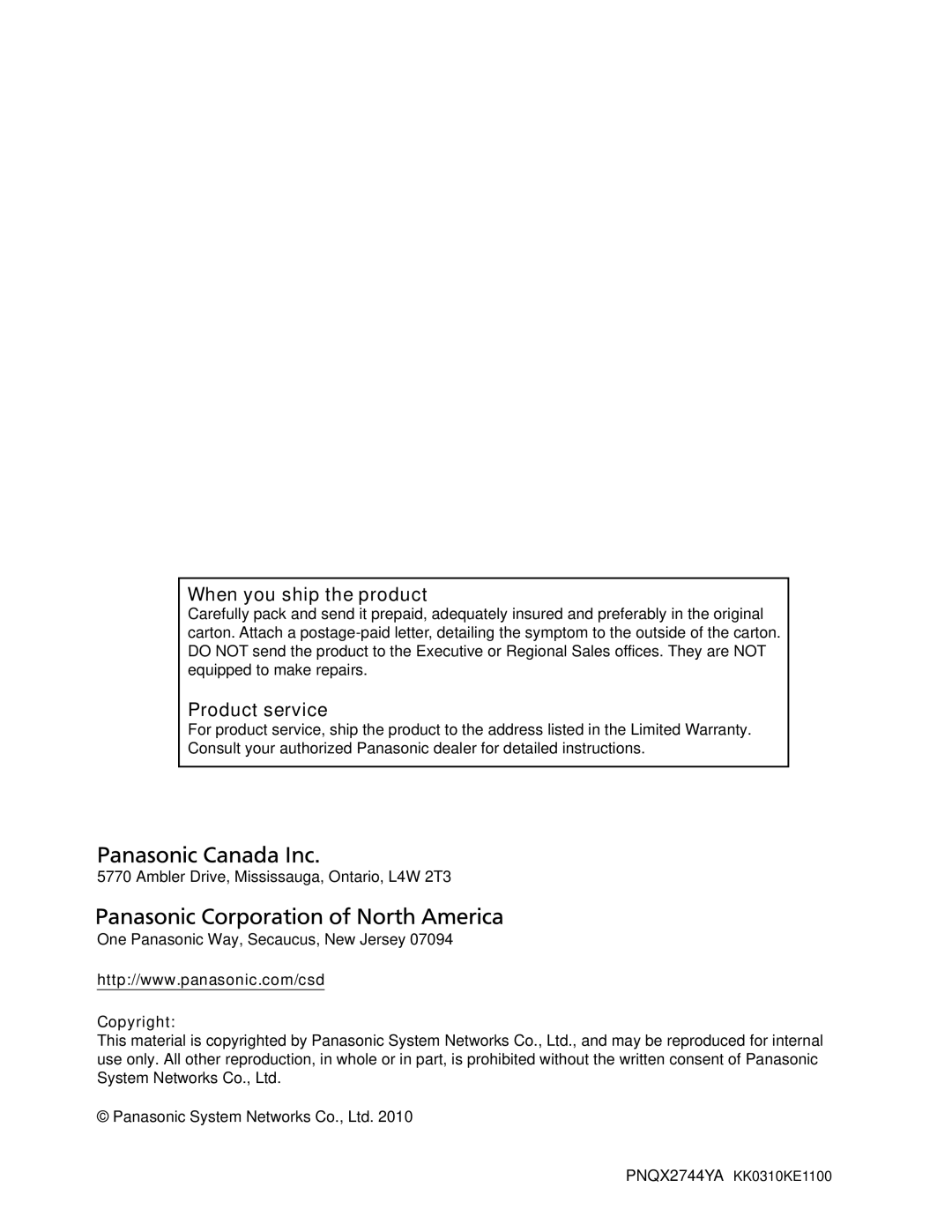 Panasonic KX-VC500 manual When you ship the product, Copyright 