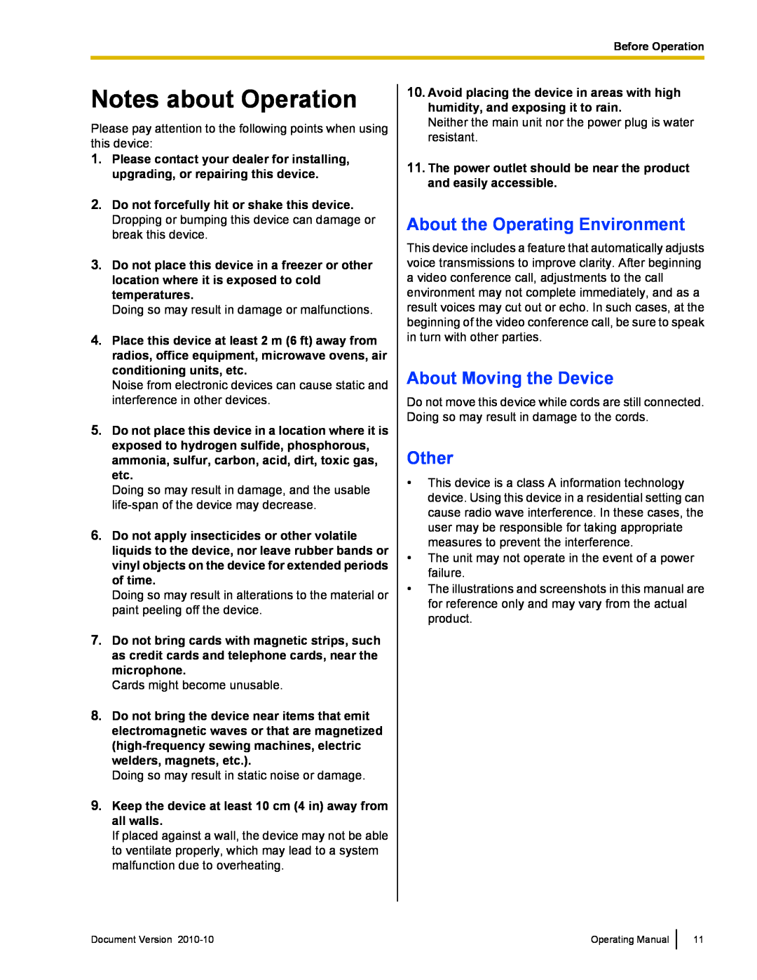 Panasonic KX-VC500 manual Notes about Operation, About the Operating Environment, About Moving the Device, Other 