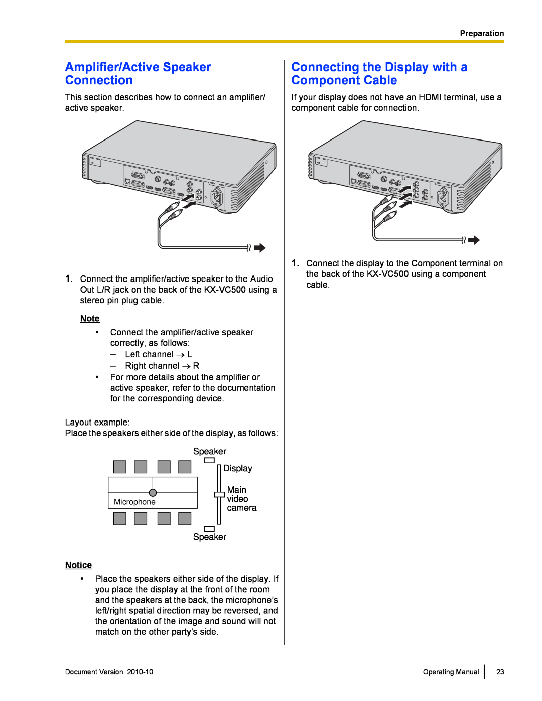 Panasonic KX-VC500 manual Amplifier/Active Speaker Connection, Connecting the Display with a Component Cable 