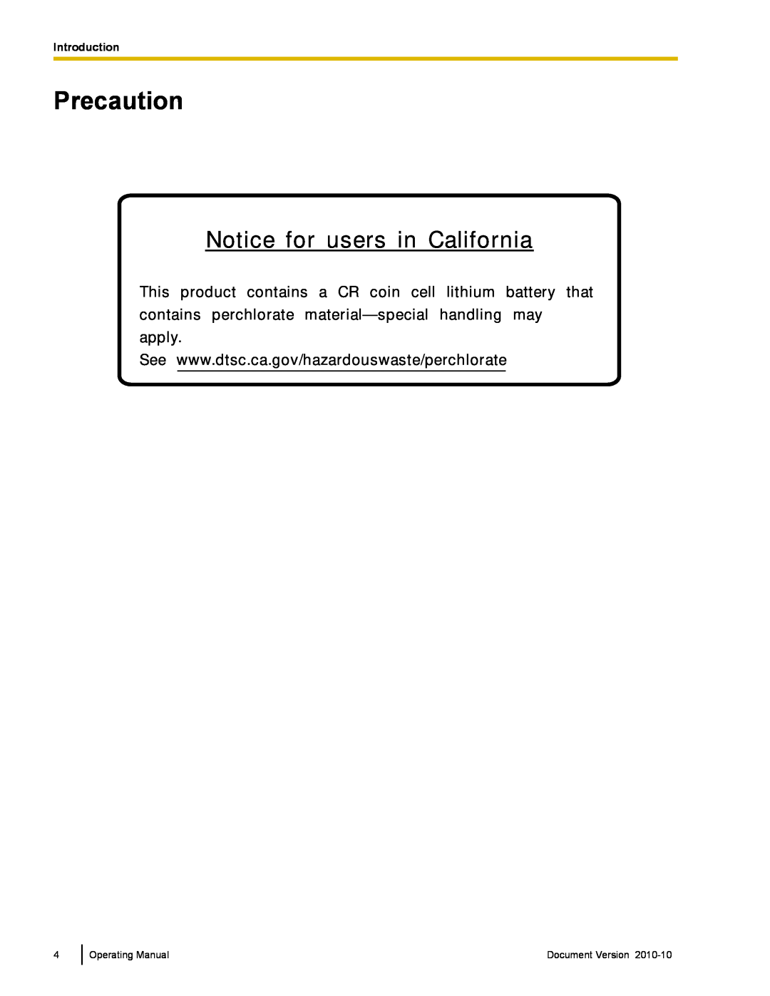 Panasonic KX-VC500 Precaution, Notice for users in California, contains perchlorate material—specialhandling may, apply 