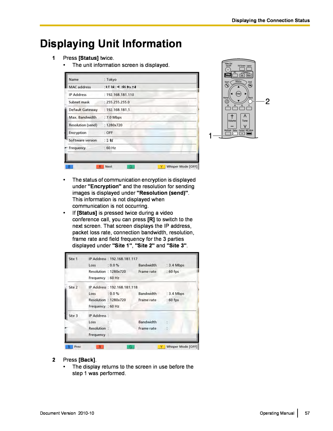 Panasonic KX-VC500 manual Displaying Unit Information 