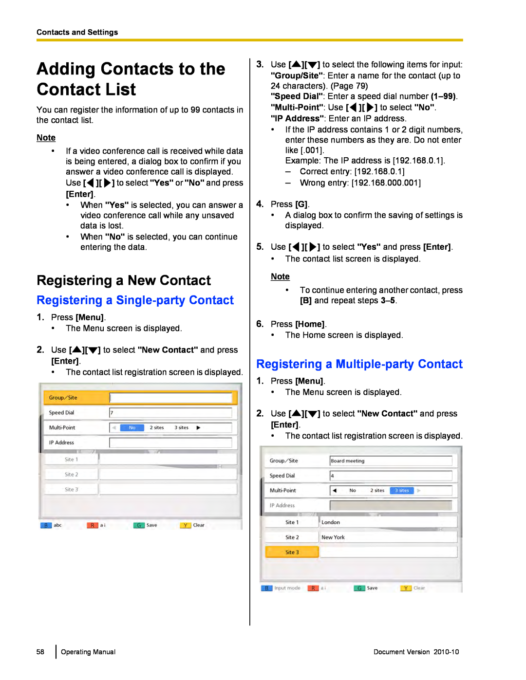 Panasonic KX-VC500 manual Adding Contacts to the Contact List, Registering a New Contact 