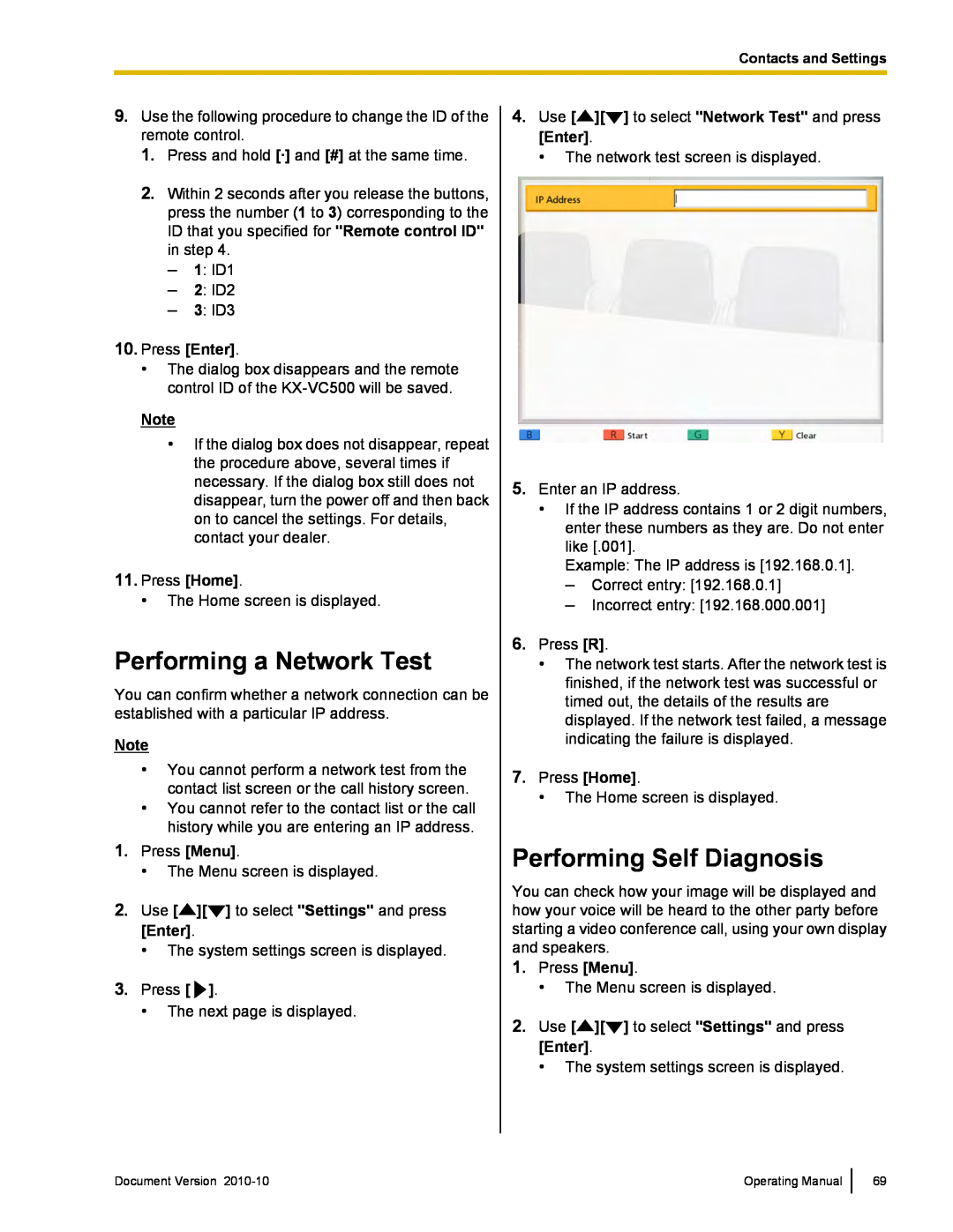 Panasonic KX-VC500 manual Performing a Network Test, Performing Self Diagnosis 