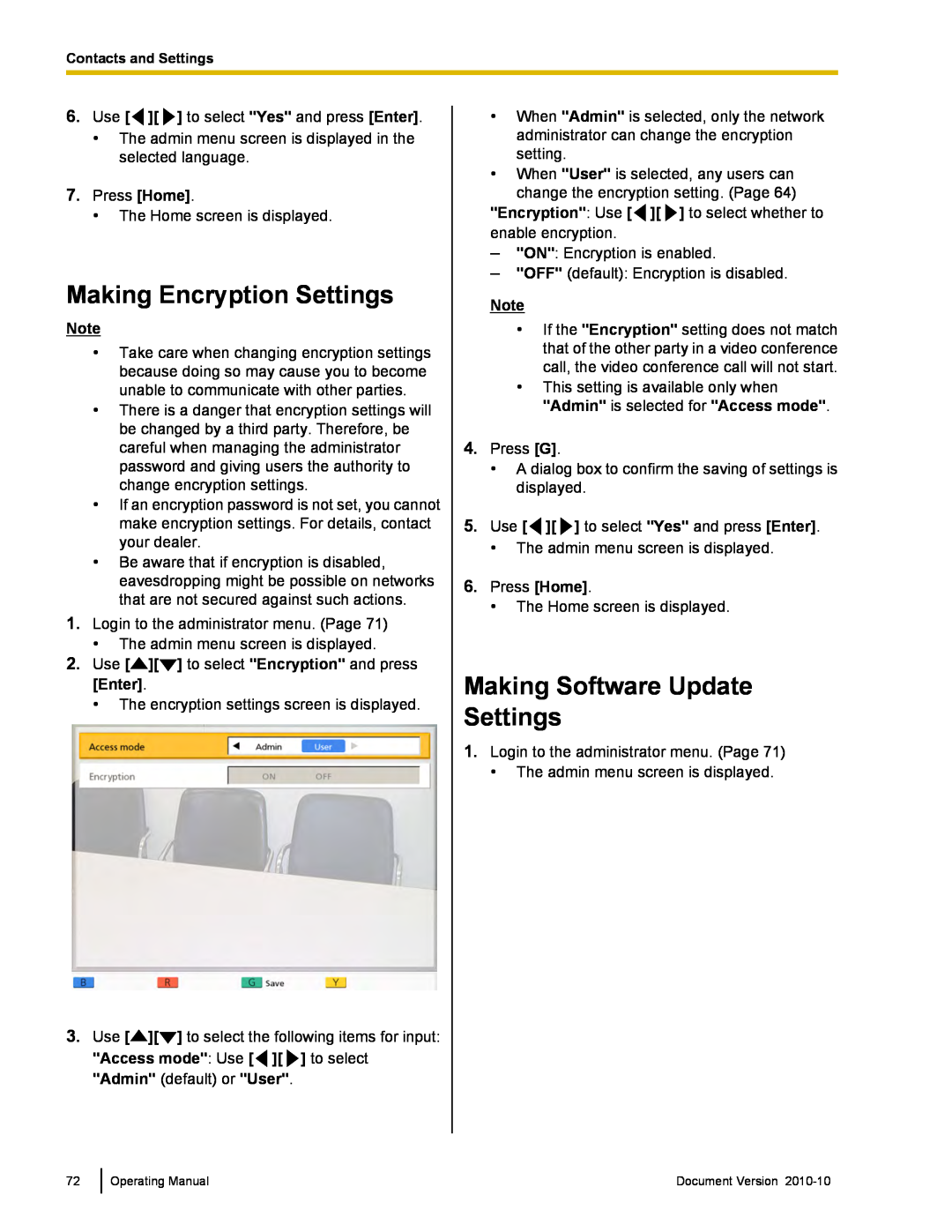 Panasonic KX-VC500 manual Making Encryption Settings, Making Software Update Settings 