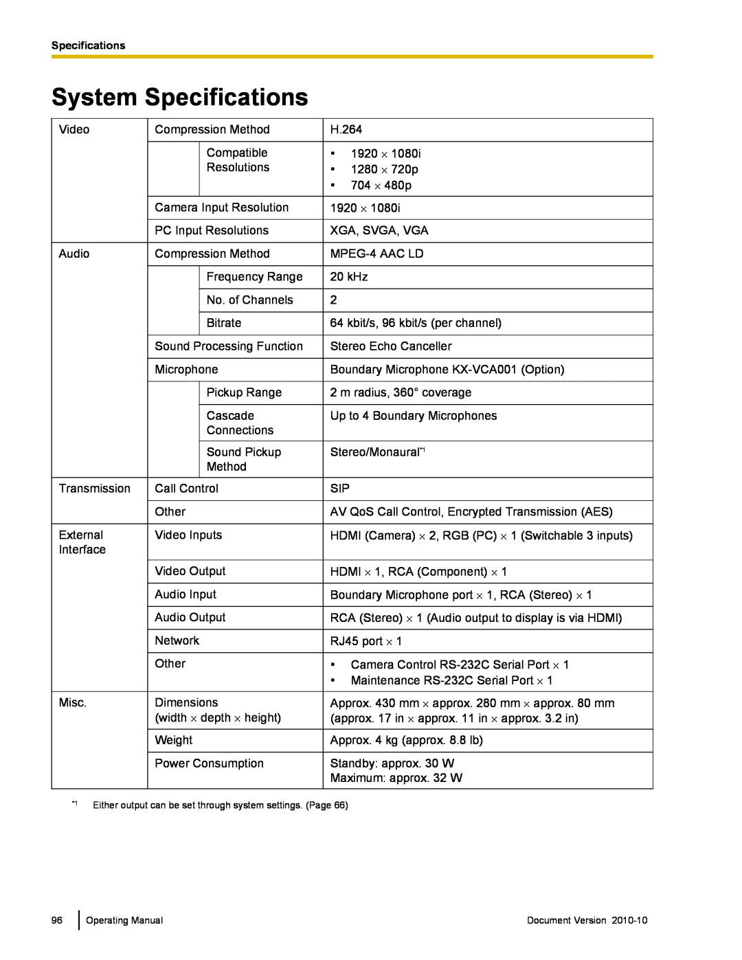 Panasonic KX-VC500 manual System Specifications 