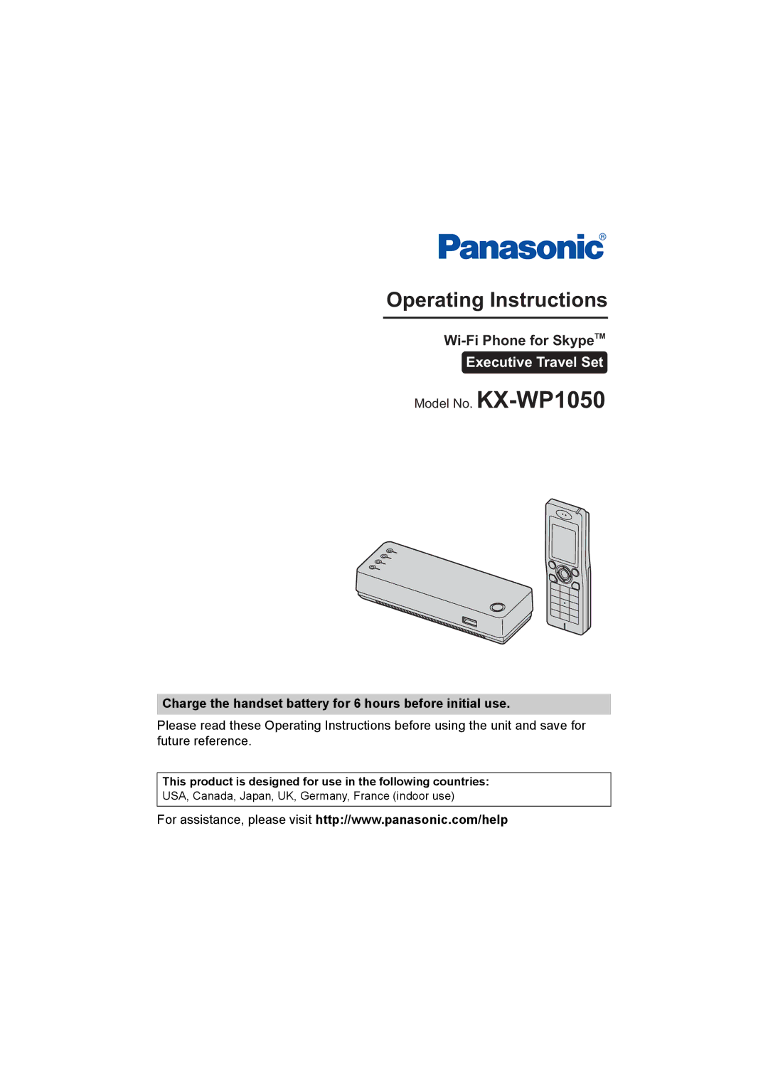 Panasonic KX WP1050 operating instructions Wi-Fi Phone for SkypeTM 