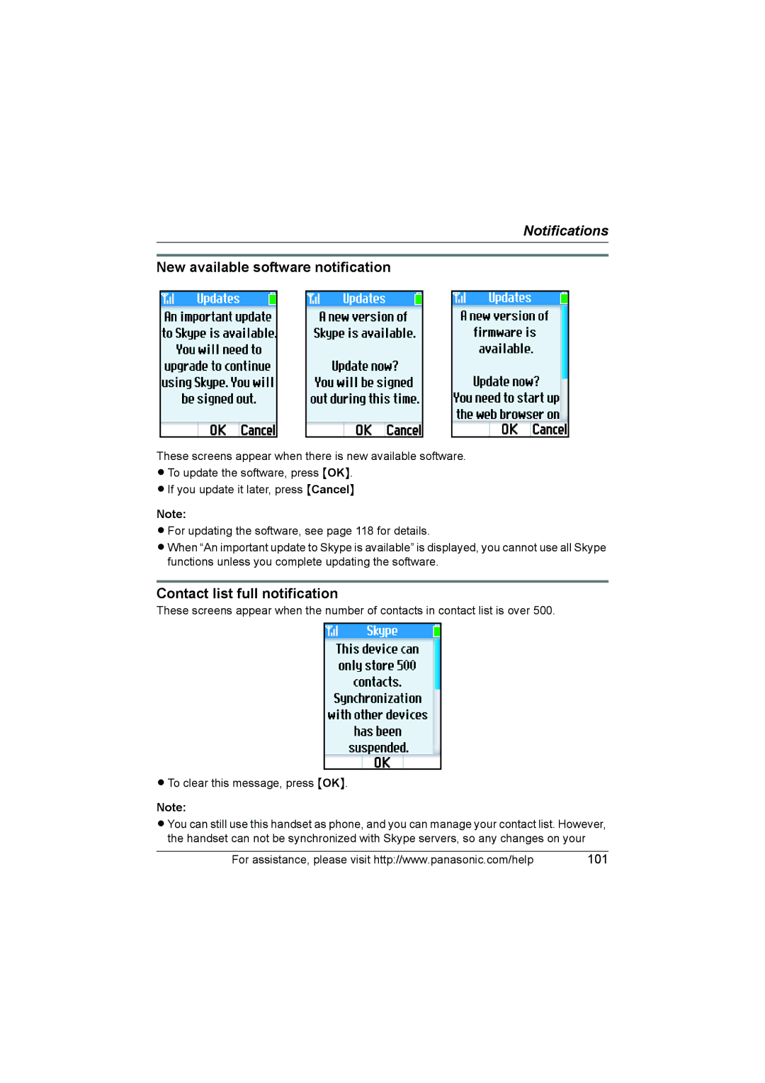 Panasonic KX WP1050 operating instructions New available software notification, Contact list full notification 