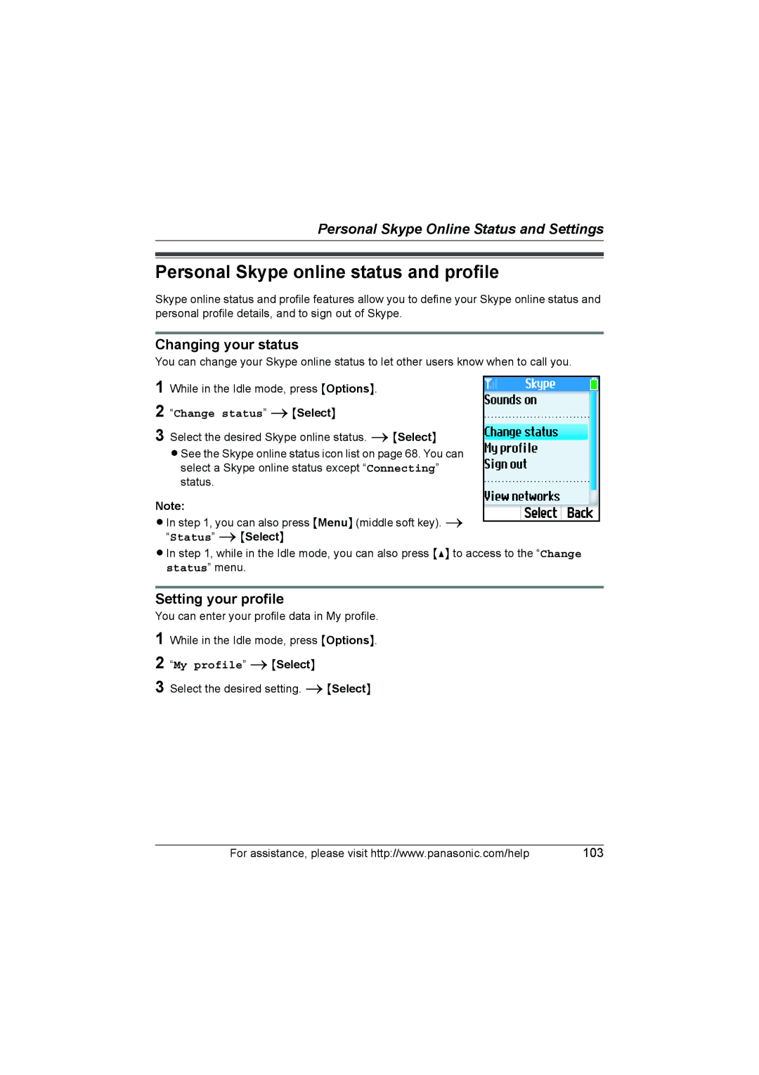 Panasonic KX WP1050 Personal Skype online status and profile, Changing your status, Setting your profile 