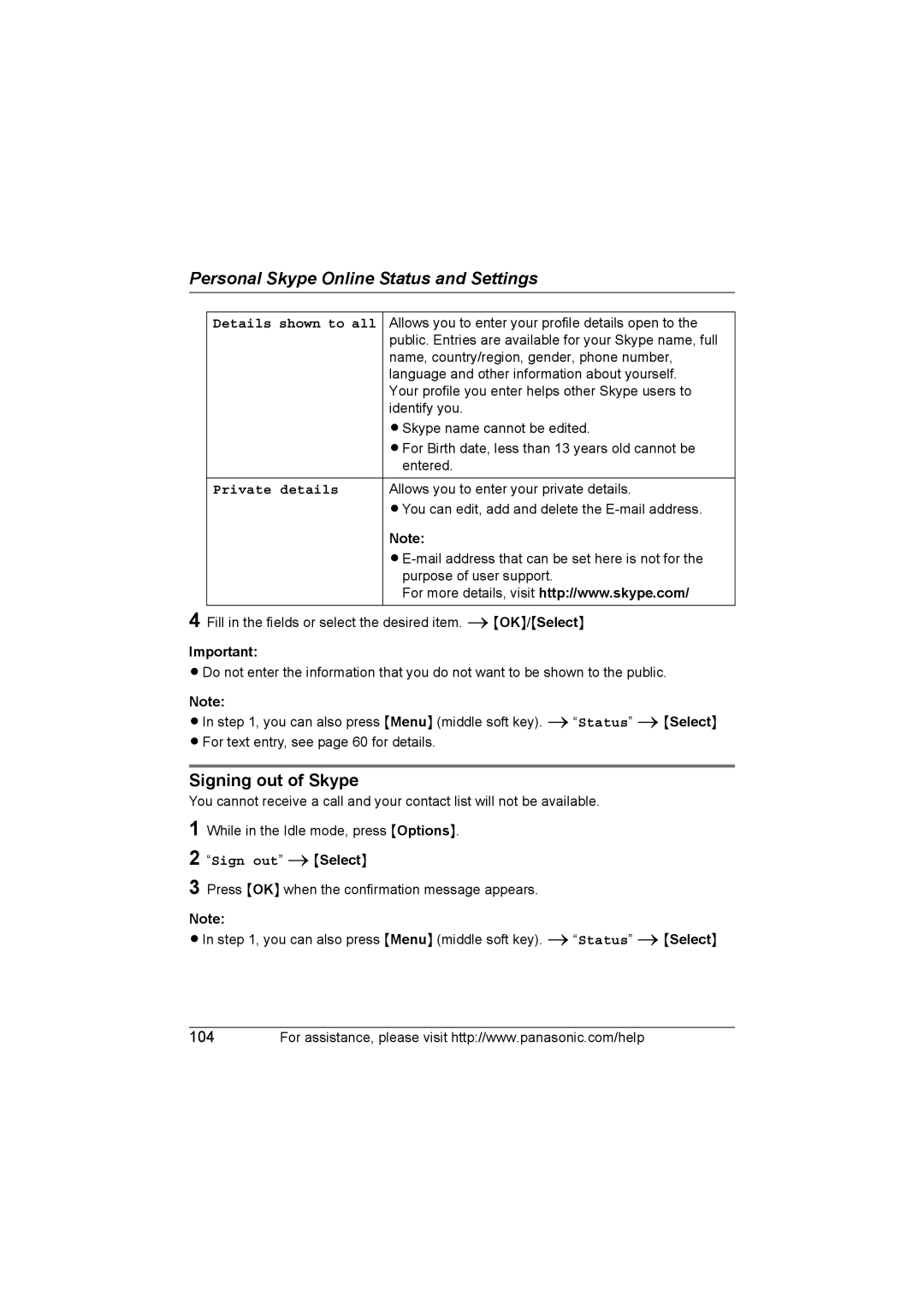 Panasonic KX WP1050 operating instructions Signing out of Skype, Details shown to all, Private details, Sign out iSelect 