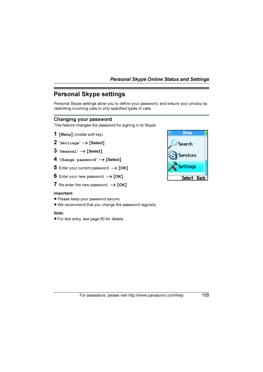 Panasonic KX WP1050 operating instructions Personal Skype settings, Changing your password 